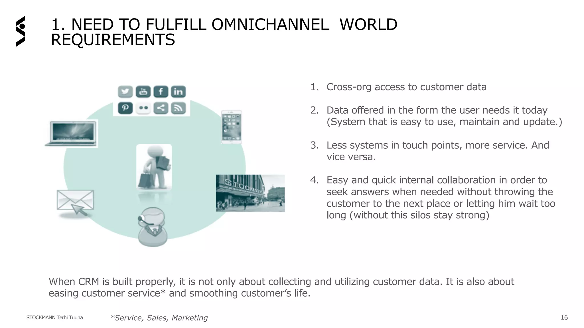 1. NEED TO FULFILL OMNICHANNEL WORLD
REQUIREMENTS
16
1. Cross-org access to customer data
2. Data offered in the form the user needs it today
(System that is easy to use, maintain and update.)
3. Less systems in touch points, more service. And
vice versa.
4. Easy and quick internal collaboration in order to
seek answers when needed without throwing the
customer to the next place or letting him wait too
long (without this silos stay strong)
When CRM is built properly, it is not only about collecting and utilizing customer data. It is also about
easing customer service* and smoothing customer’s life.
*Service, Sales, MarketingSTOCKMANN Terhi Tuuna
 