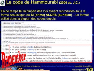 Mohamed Louadi, PhD mlouadi@louadi.com126
Source: Wikipedia (22 janvier 2014). Code of Ur-Nammu, http://en.wikipedia.org/wiki/Code_of_Ur-Nammu, consulté le 4 mars 2014.
En ce temps là, la plupart des lois étaient reproduites sous la
forme casuistique de SI (crime) ALORS (punition) – un format
utilisé dans la plupart des codes depuis.
Le code de Hammourabi (2000 av. J.C.)
 