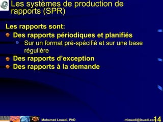 Mohamed Louadi, PhD mlouadi@louadi.com14
Les rapports sont:
Les systèmes de production de
rapports (SPR)
• Des rapports périodiques et planifiés
• Des rapports d’exception
• Des rapports à la demande
• Des rapports périodiques et planifiés
• Sur un format pré-spécifié et sur une base
régulière
• Des rapports d’exception
 