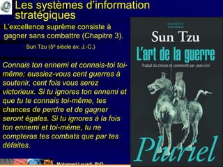 Mohamed Louadi, PhD mlouadi@louadi.com140
Les systèmes d’information
stratégiques
Connais ton ennemi et connais-toi toi-
même
Connais ton ennemi et connais-toi toi-
même; eussiez-vous cent guerres à
soutenir, cent fois vous serez
victorieux.
Connais ton ennemi et connais-toi toi-
même; eussiez-vous cent guerres à
soutenir, cent fois vous serez
victorieux. Si tu ignores ton ennemi et
que tu te connais toi-même, tes
chances de perdre et de gagner
seront égales.
Connais ton ennemi et connais-toi toi-
même; eussiez-vous cent guerres à
soutenir, cent fois vous serez
victorieux. Si tu ignores ton ennemi et
que tu te connais toi-même, tes
chances de perdre et de gagner
seront égales. Si tu ignores à la fois
ton ennemi et toi-même, tu ne
compteras tes combats que par tes
défaites.
L’excellence suprême consiste à
gagner sans combattre (Chapitre 3).
Sun Tzu (5è siècle av. J.-C.)
 
