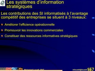 Mohamed Louadi, PhD mlouadi@louadi.com157
Les contributions des SI informatisés à l’avantage
compétitif des entreprises se situent à 3 niveaux:
Améliorer l’efficience opérationnelle
Promouvoir les innovations commerciales
Constituer des ressources informatives stratégiques
Les systèmes d’information
stratégiques
 