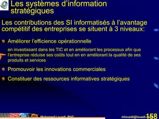 Mohamed Louadi, PhD mlouadi@louadi.com158
Améliorer l’efficience opérationnelle
en investissant dans les TIC et en améliorant les processus afin que
l’entreprise réduise ses coûts tout en en améliorant la qualité de ses
produits et services
Promouvoir les innovations commerciales
Constituer des ressources informatives stratégiques
Les systèmes d’information
stratégiques
Les contributions des SI informatisés à l’avantage
compétitif des entreprises se situent à 3 niveaux:
 