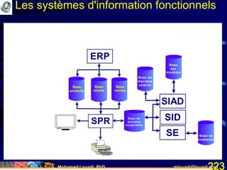 Mohamed Louadi, PhD mlouadi@louadi.com223
Base de
connaissances
Base
des
modèles
Base de
données
externe
SIAD
SID
SE
Base de
données
corporative
SPR
Base de
données
corporative
Base
ventes
ERP
Base
produits
Base
clients
Les systèmes d'information fonctionnels
 