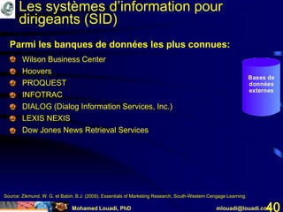 Mohamed Louadi, PhD mlouadi@louadi.com40
• Wilson Business Center
• Hoovers
• PROQUEST
• INFOTRAC
• DIALOG (Dialog Information Services, Inc.)
• LEXIS NEXIS
• Dow Jones News Retrieval Services
Parmi les banques de données les plus connues:
Source: Zikmund, W. G. et Babin, B.J. (2009). Essentials of Marketing Research, South-Western Cengage Learning.
Les systèmes d’information pour
dirigeants (SID)
Bases de
données
externes
 