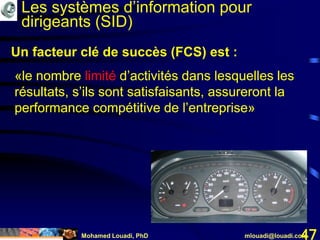Mohamed Louadi, PhD mlouadi@louadi.com47
«le nombre limité d’activités dans lesquelles les
résultats, s’ils sont satisfaisants, assureront la
performance compétitive de l’entreprise»
Un facteur clé de succès (FCS) est :
Les systèmes d’information pour
dirigeants (SID)
«le nombre limité d’activités dans lesquelles les
résultats, s’ils sont satisfaisants, assureront la
performance compétitive de l’entreprise»
 