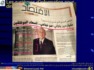 Mohamed Louadi, PhD mlouadi@louadi.com51
Les systèmes d’information pour
dirigeants (SID)
‫بقلم‬ ‫الكويتيه‬ ‫القبس‬ ‫جريده‬ ‫عن‬/‫عدنان‬ ‫رزان‬
‫العمر‬ ‫من‬ ‫البالغ‬ ‫الملياردير‬ ‫هذا‬ ‫كان‬ ‫إذا‬83‫شك‬ ‫بال‬ ً‫ا‬‫جد‬ ‫خاطئه‬ ‫ستظهر‬ ‫األعمال‬ ‫إداره‬ ‫فى‬ ‫الدروس‬ ‫أهم‬ ‫فإن‬ ‫حق‬ ‫على‬ ً‫ا‬‫هام‬‫األعمال‬ ‫رجل‬ ،‫إيناموري‬ ‫كازو‬ ‫يقول‬
Voir http://pahepkz-awy.blogspot.com/2016/06/blog-post.html
 