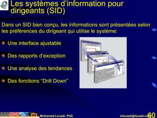 Mohamed Louadi, PhD mlouadi@louadi.com60
Dans un SID bien conçu, les informations sont présentées selon
les préférences du dirigeant qui utilise le système:
Une interface ajustable
Des rapports d’exception
Une analyse des tendances
Des fonctions “Drill Down”
Les systèmes d’information pour
dirigeants (SID)
 