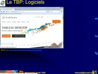 Mohamed Louadi, PhD mlouadi@louadi.com91
Go to: http://www.tableausoftware.com/products/desktop
Le TBP: Logiciels
 