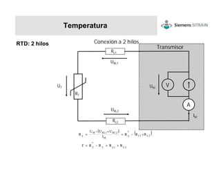 Temperatura
Transmisor
( ) ( )
2L1LTT
2L1LT
M
2RL1RLM
T
RRRRF
RRR
I
UUU
R
+=−=
+−=
+−
=
*
*
Conexión a 2 hilos
RT
V
IM
UM
URL1
RL1
RL2
A
UT
URL2
RTD: 2 hilos
 