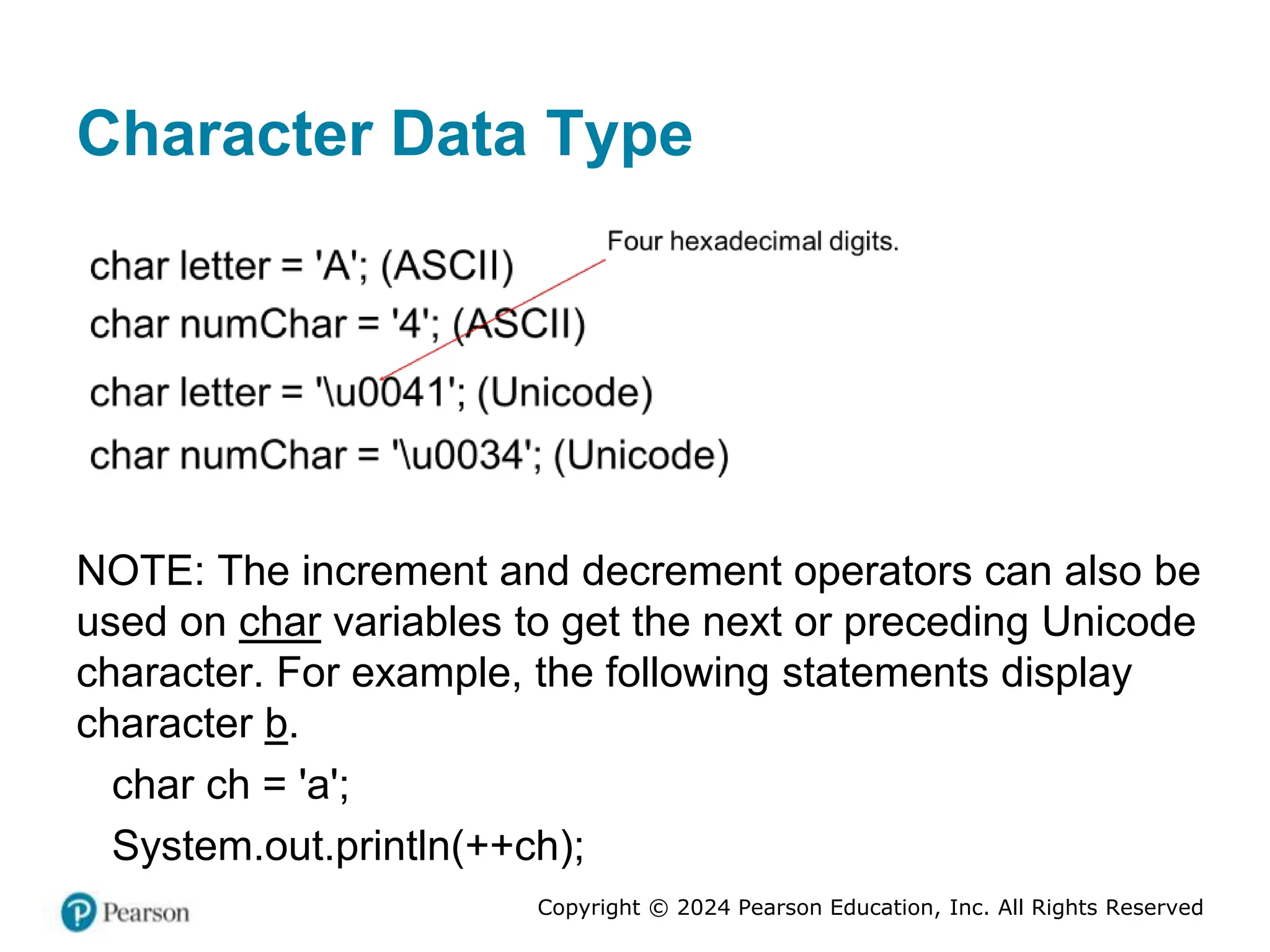 Copyright © 2024 Pearson Education, Inc. All Rights Reserved
Character Data Type
NOTE: The increment and decrement operators can also be
used on char variables to get the next or preceding Unicode
character. For example, the following statements display
character b.
char ch = 'a';
System.out.println(++ch);
 