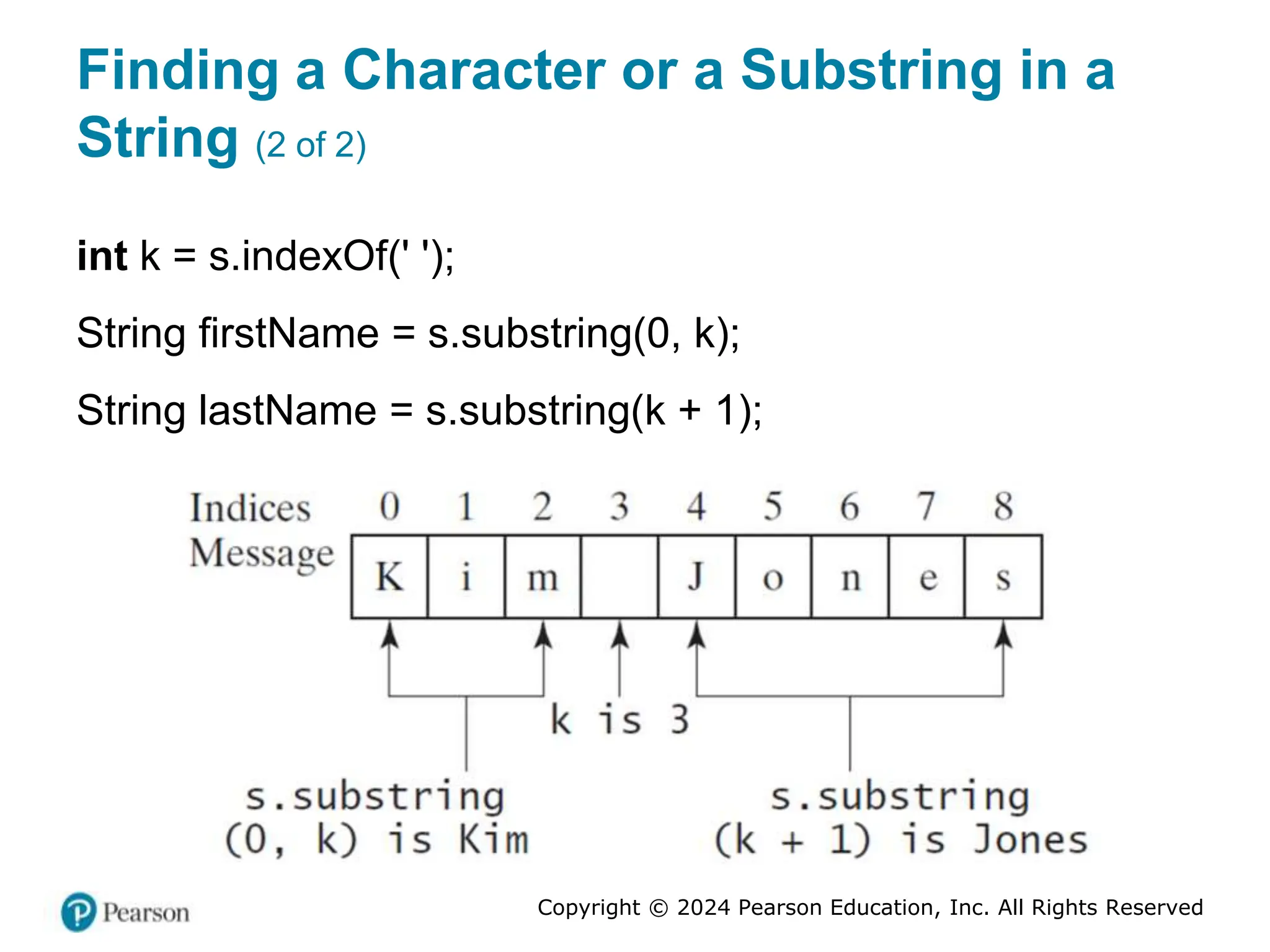 Copyright © 2024 Pearson Education, Inc. All Rights Reserved
Finding a Character or a Substring in a
String (2 of 2)
int k = s.indexOf(' ');
String firstName = s.substring(0, k);
String lastName = s.substring(k + 1);
 