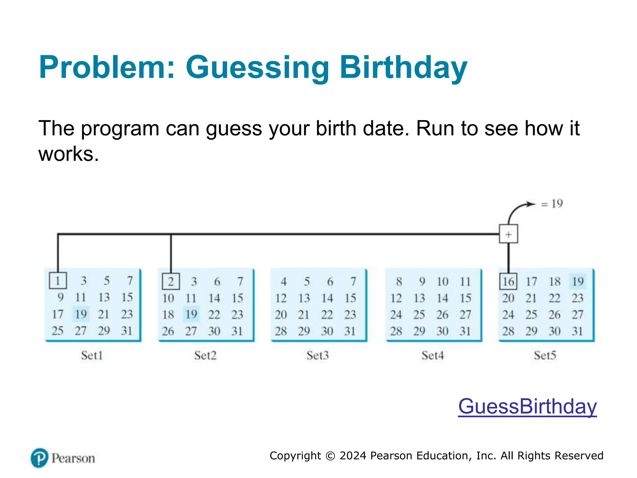 Copyright © 2024 Pearson Education, Inc. All Rights Reserved
Problem: Guessing Birthday
The program can guess your birth date. Run to see how it
works.
GuessBirthday
 