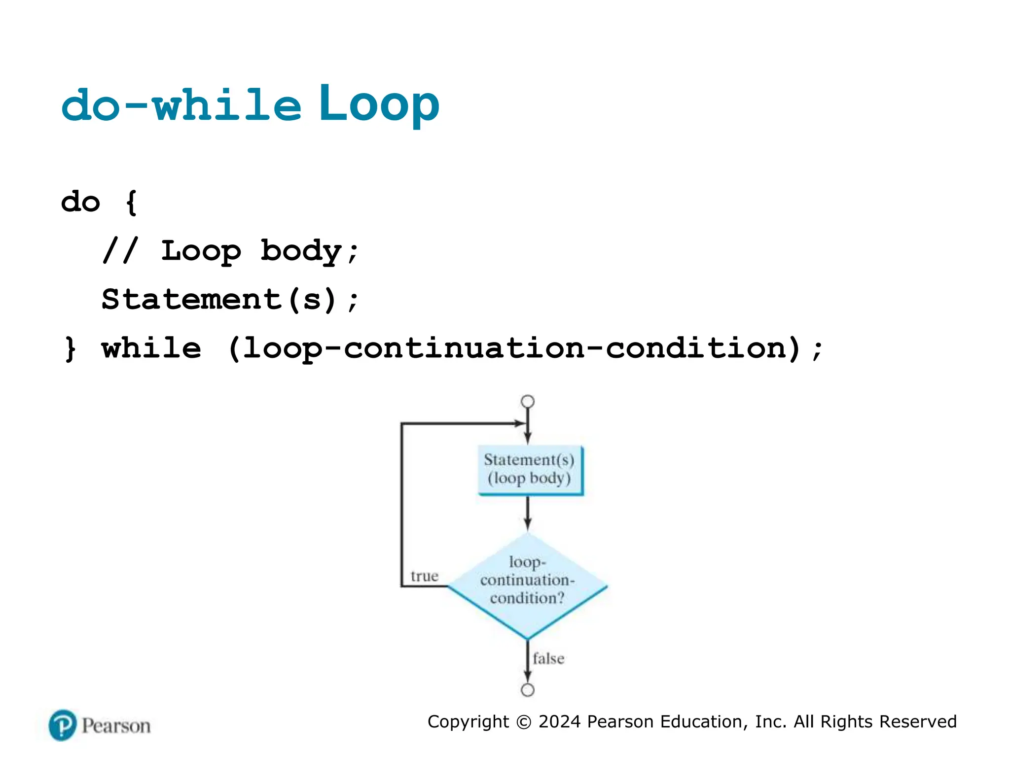 Copyright © 2024 Pearson Education, Inc. All Rights Reserved
do-while Loop
do {
// Loop body;
Statement(s);
} while (loop-continuation-condition);
 