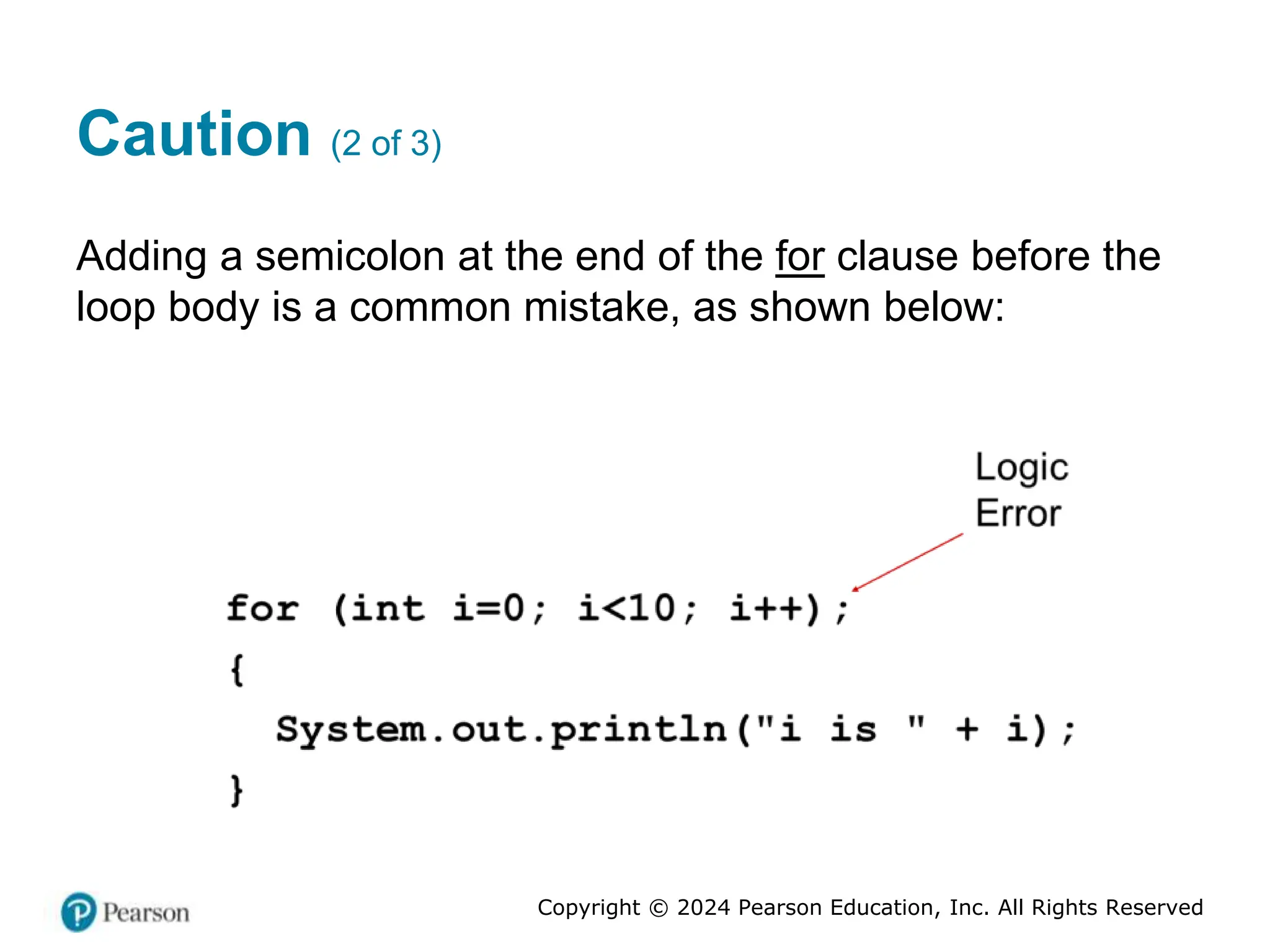 Copyright © 2024 Pearson Education, Inc. All Rights Reserved
Caution (2 of 3)
Adding a semicolon at the end of the for clause before the
loop body is a common mistake, as shown below:
 