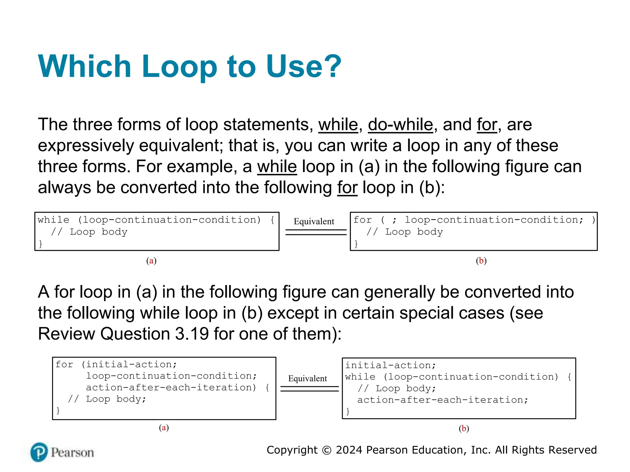 Copyright © 2024 Pearson Education, Inc. All Rights Reserved
Which Loop to Use?
The three forms of loop statements, while, do-while, and for, are
expressively equivalent; that is, you can write a loop in any of these
three forms. For example, a while loop in (a) in the following figure can
always be converted into the following for loop in (b):
while (loop-continuation-condition) {
// Loop body
}
(a)
Equivalent
(b)
for ( ; loop-continuation-condition; ) {
// Loop body
}
A for loop in (a) in the following figure can generally be converted into
the following while loop in (b) except in certain special cases (see
Review Question 3.19 for one of them):
for (initial-action;
loop-continuation-condition;
action-after-each-iteration) {
// Loop body;
}
(a)
Equivalent
(b)
initial-action;
while (loop-continuation-condition) {
// Loop body;
action-after-each-iteration;
}
 