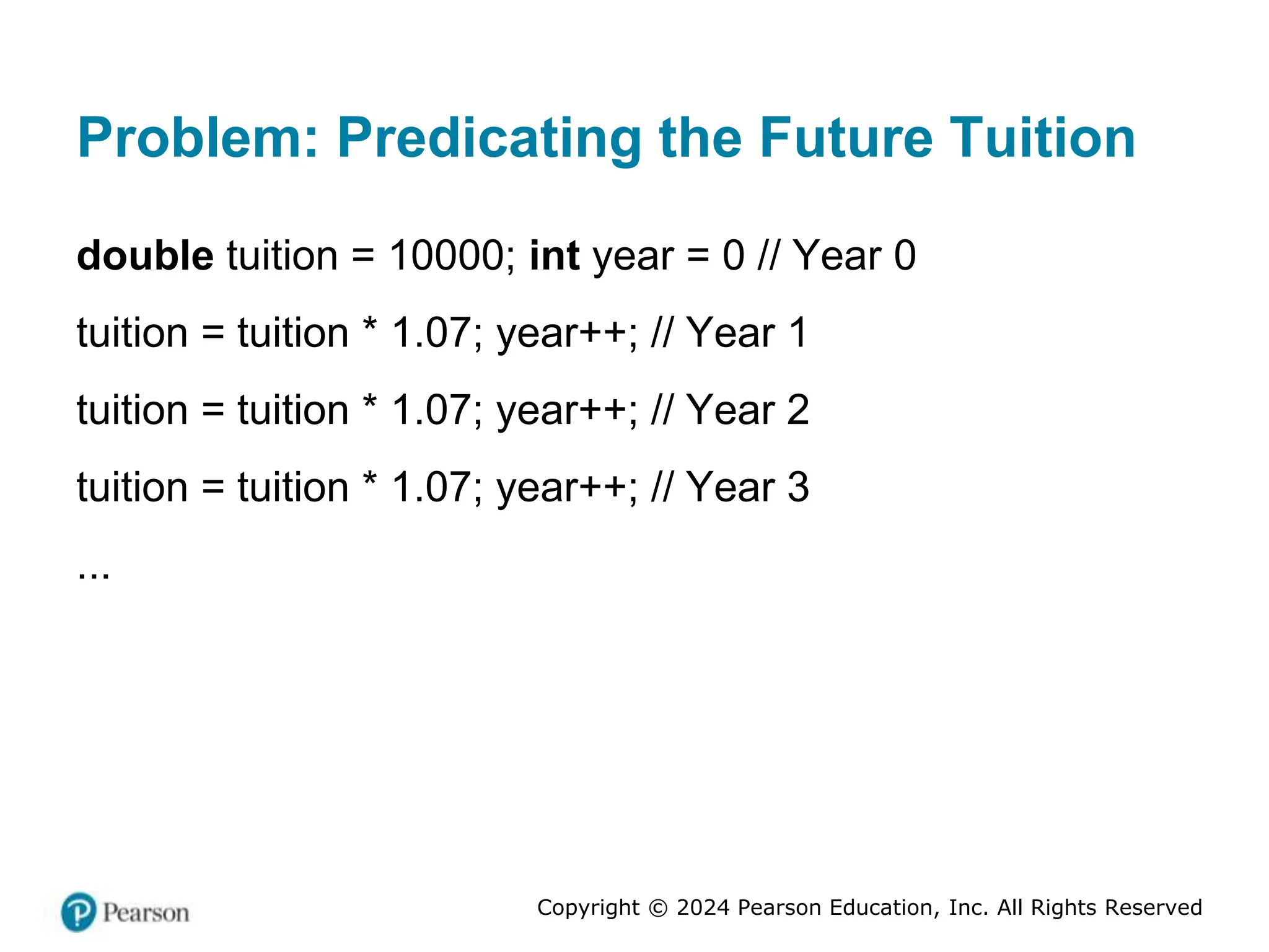 Copyright © 2024 Pearson Education, Inc. All Rights Reserved
Problem: Predicating the Future Tuition
double tuition = 10000; int year = 0 // Year 0
tuition = tuition * 1.07; year++; // Year 1
tuition = tuition * 1.07; year++; // Year 2
tuition = tuition * 1.07; year++; // Year 3
...
 