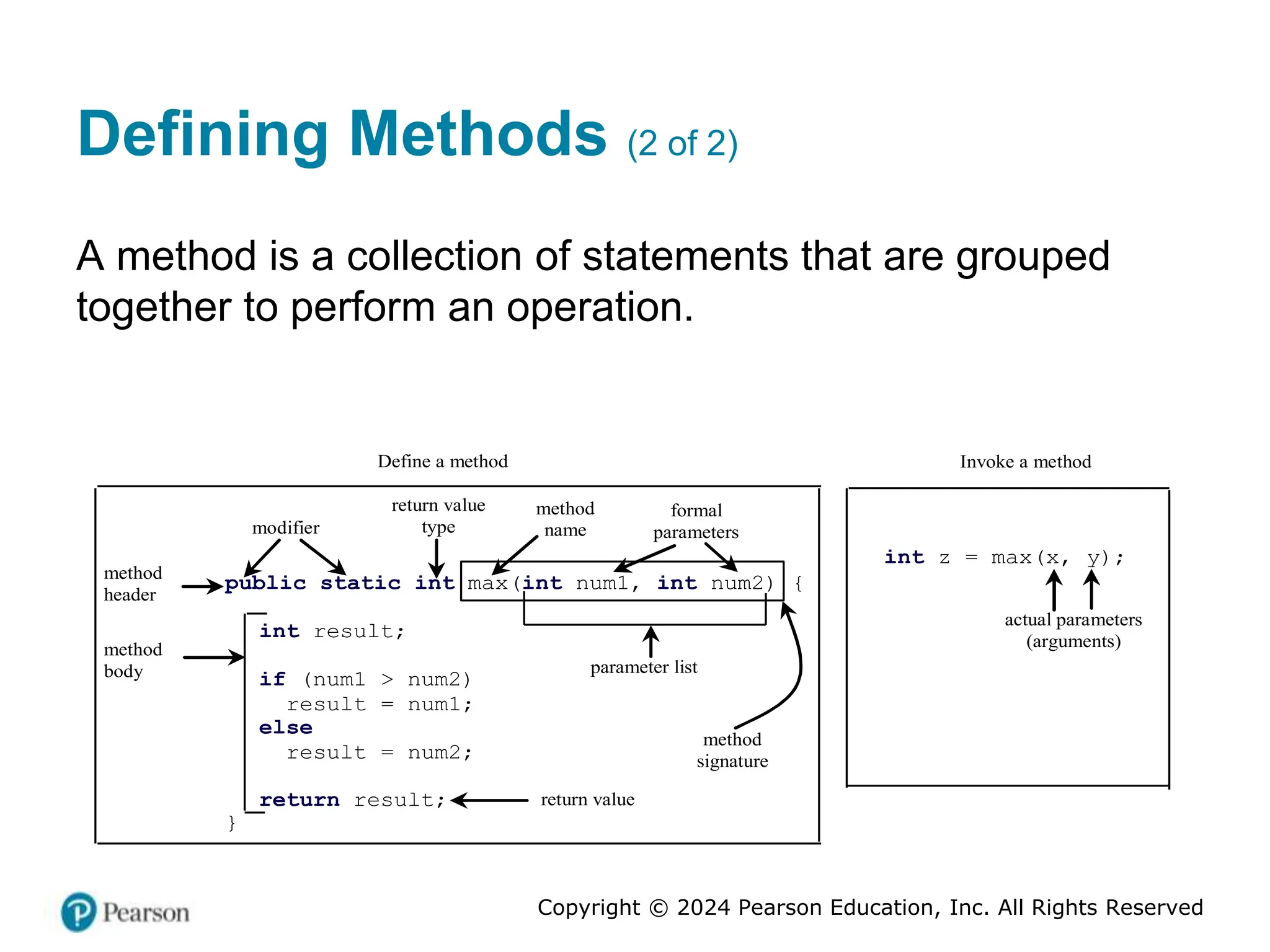 Copyright © 2024 Pearson Education, Inc. All Rights Reserved
Defining Methods (2 of 2)
A method is a collection of statements that are grouped
together to perform an operation.
public static int max(int num1, int num2) {
int result;
if (num1 > num2)
result = num1;
else
result = num2;
return result;
}
modifier
return value
type
method
name
formal
parameters
return value
method
body
method
header
parameter list
Define a method Invoke a method
int z = max(x, y);
actual parameters
(arguments)
method
signature
 