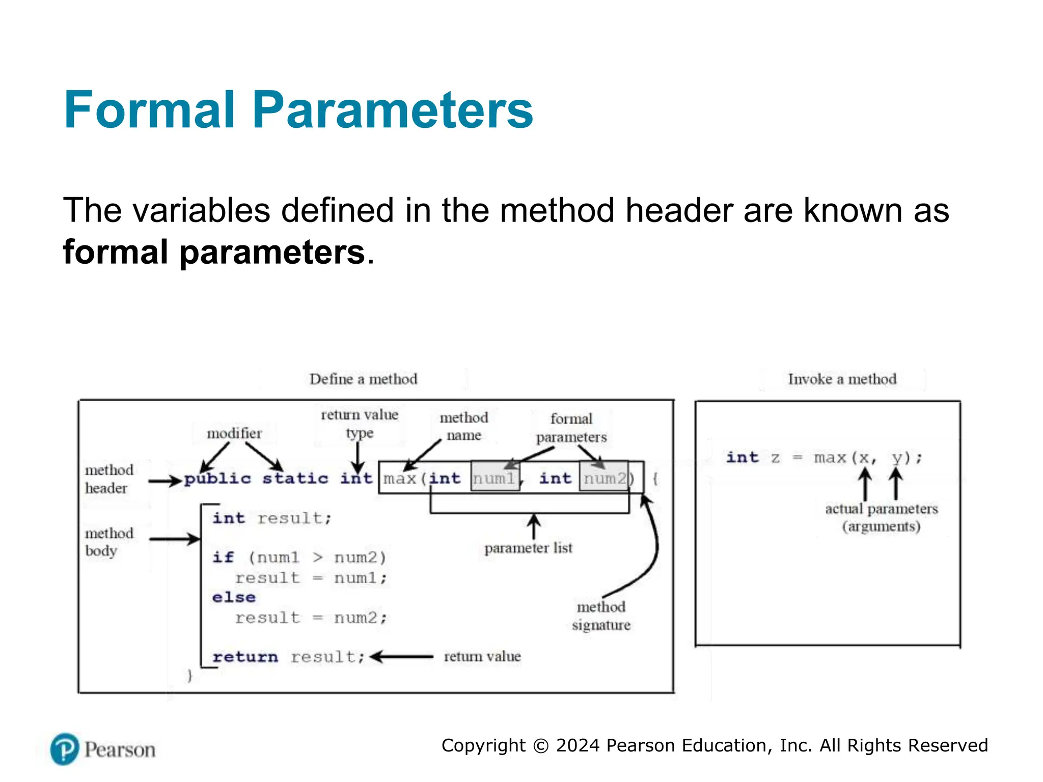 Copyright © 2024 Pearson Education, Inc. All Rights Reserved
Formal Parameters
The variables defined in the method header are known as
formal parameters.
 