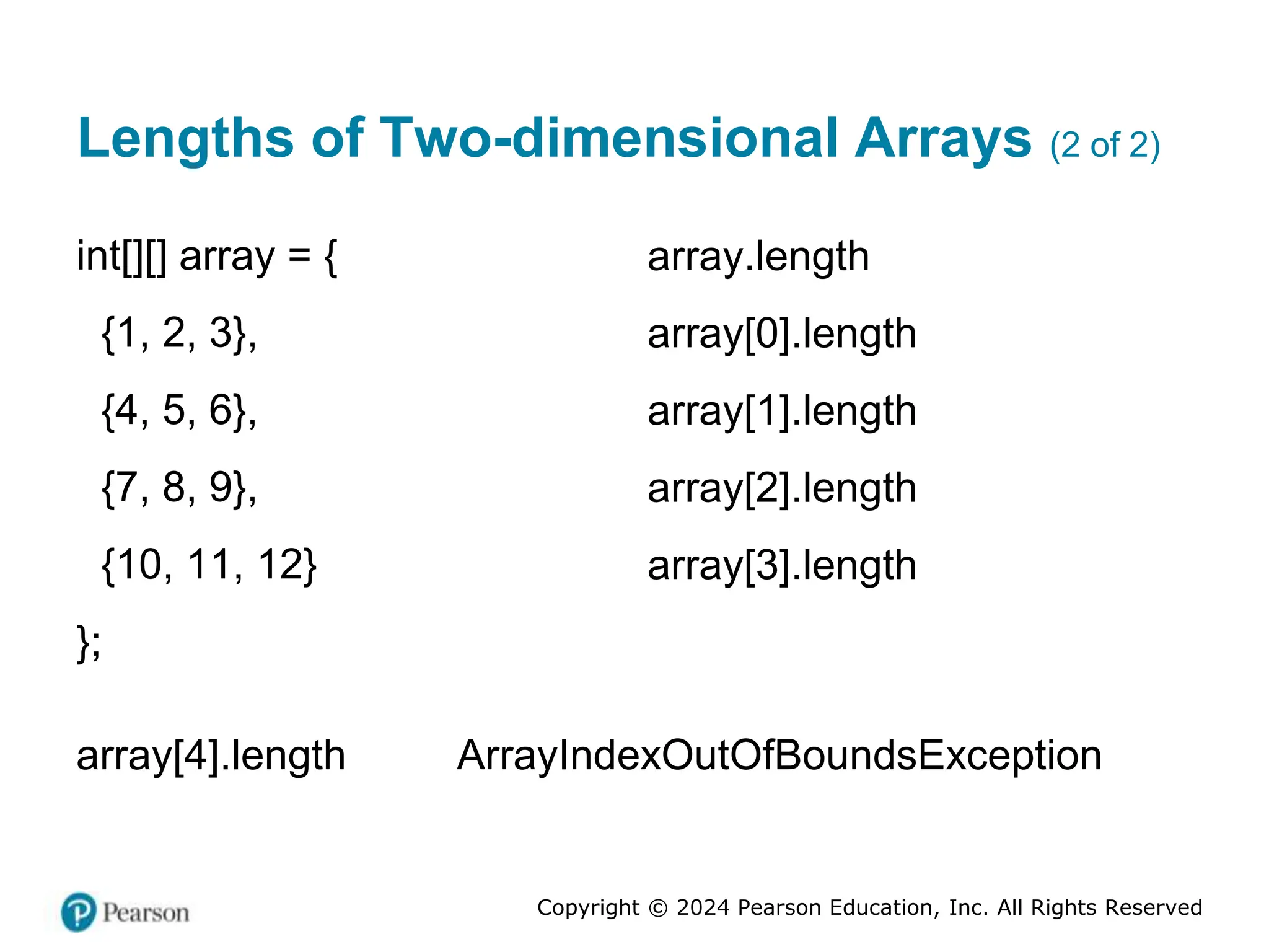Copyright © 2024 Pearson Education, Inc. All Rights Reserved
Lengths of Two-dimensional Arrays (2 of 2)
int[][] array = {
{1, 2, 3},
{4, 5, 6},
{7, 8, 9},
{10, 11, 12}
};
array.length
array[0].length
array[1].length
array[2].length
array[3].length
array[4].length ArrayIndexOutOfBoundsException
 