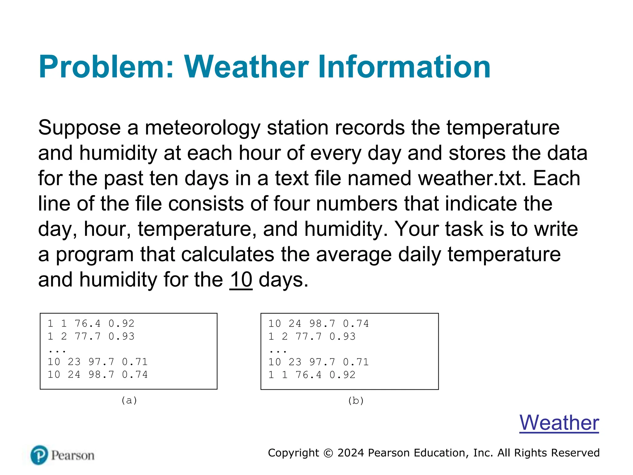 Copyright © 2024 Pearson Education, Inc. All Rights Reserved
Problem: Weather Information
Suppose a meteorology station records the temperature
and humidity at each hour of every day and stores the data
for the past ten days in a text file named weather.txt. Each
line of the file consists of four numbers that indicate the
day, hour, temperature, and humidity. Your task is to write
a program that calculates the average daily temperature
and humidity for the 10 days.
1 1 76.4 0.92
1 2 77.7 0.93
...
10 23 97.7 0.71
10 24 98.7 0.74
(a)
10 24 98.7 0.74
1 2 77.7 0.93
...
10 23 97.7 0.71
1 1 76.4 0.92
(b)
Weather
 