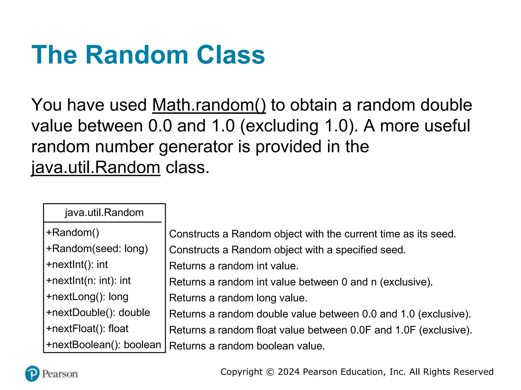 Copyright © 2024 Pearson Education, Inc. All Rights Reserved
The Random Class
You have used Math.random() to obtain a random double
value between 0.0 and 1.0 (excluding 1.0). A more useful
random number generator is provided in the
java.util.Random class.
java.util.Random
+Random()
+Random(seed: long)
+nextInt(): int
+nextInt(n: int): int
+nextLong(): long
+nextDouble(): double
+nextFloat(): float
+nextBoolean(): boolean
Constructs a Random object with the current time as its seed.
Constructs a Random object with a specified seed.
Returns a random int value.
Returns a random int value between 0 and n (exclusive).
Returns a random long value.
Returns a random double value between 0.0 and 1.0 (exclusive).
Returns a random float value between 0.0F and 1.0F (exclusive).
Returns a random boolean value.
 