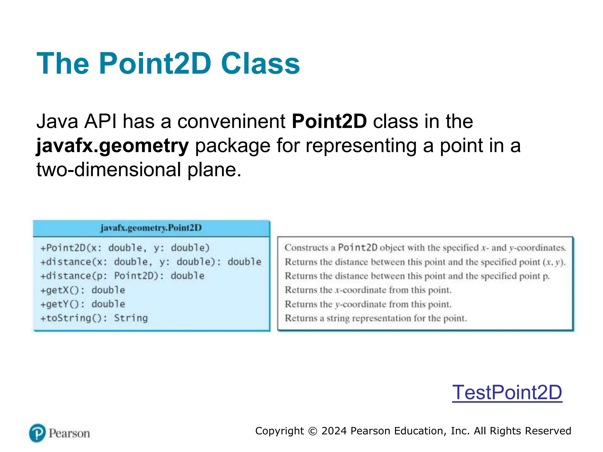 Copyright © 2024 Pearson Education, Inc. All Rights Reserved
The Point2D Class
Java API has a conveninent Point2D class in the
javafx.geometry package for representing a point in a
two-dimensional plane.
TestPoint2D
 