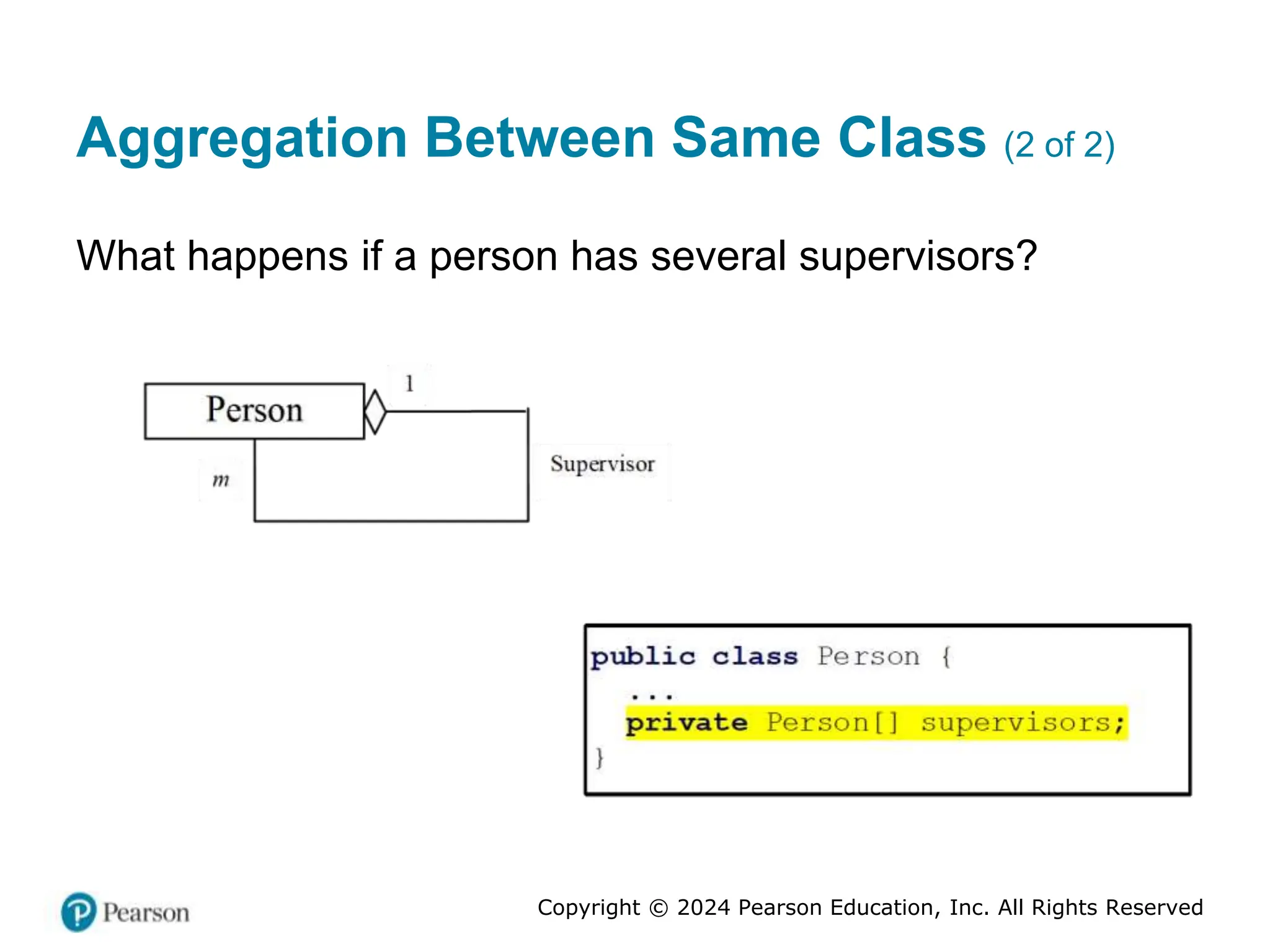 Copyright © 2024 Pearson Education, Inc. All Rights Reserved
Aggregation Between Same Class (2 of 2)
What happens if a person has several supervisors?
 