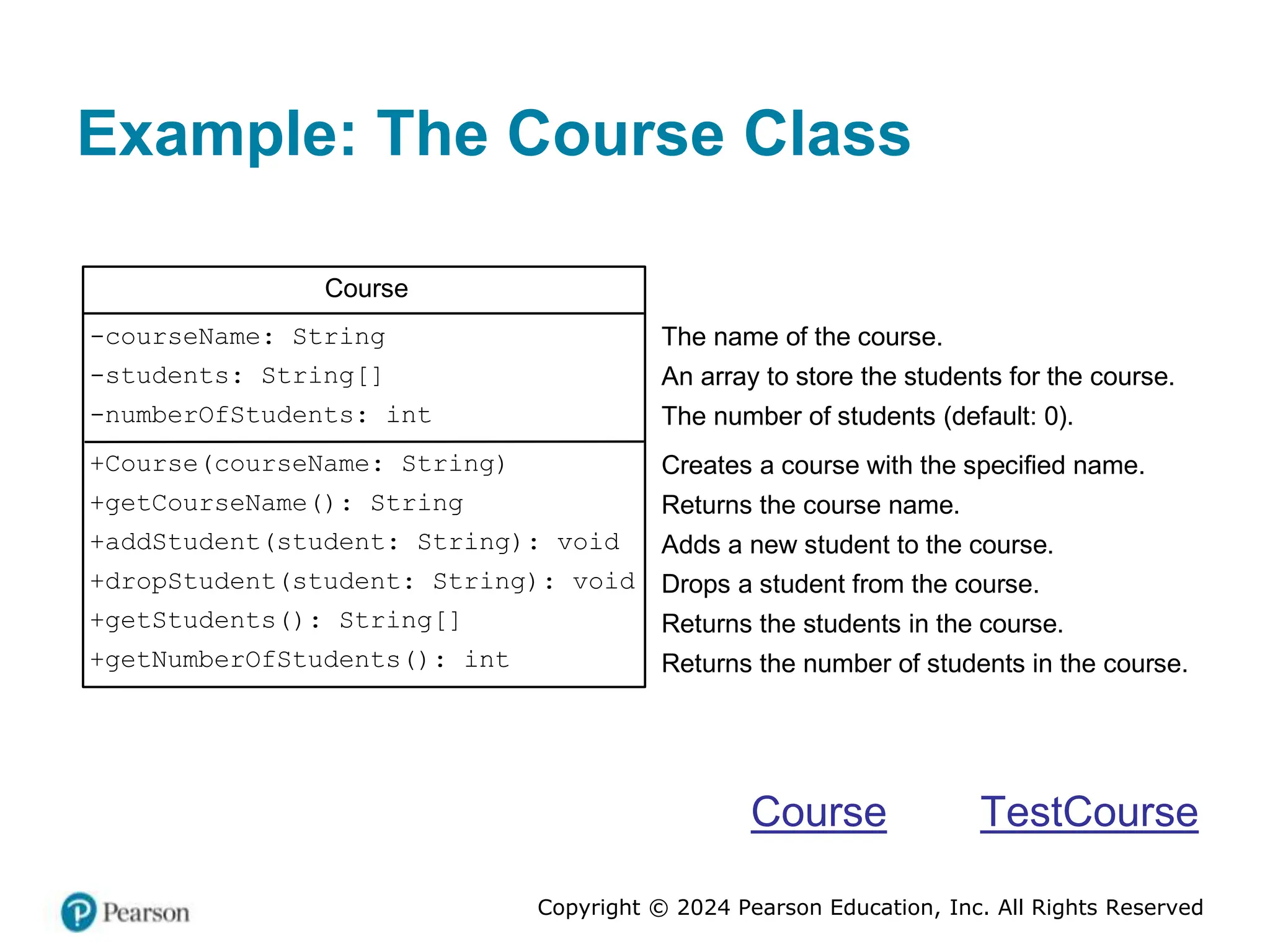 Copyright © 2024 Pearson Education, Inc. All Rights Reserved
Example: The Course Class
Course
-courseName: String
-students: String[]
-numberOfStudents: int
+Course(courseName: String)
+getCourseName(): String
+addStudent(student: String): void
+dropStudent(student: String): void
+getStudents(): String[]
+getNumberOfStudents(): int
The name of the course.
An array to store the students for the course.
The number of students (default: 0).
Creates a course with the specified name.
Returns the course name.
Adds a new student to the course.
Drops a student from the course.
Returns the students in the course.
Returns the number of students in the course.
Course TestCourse
 