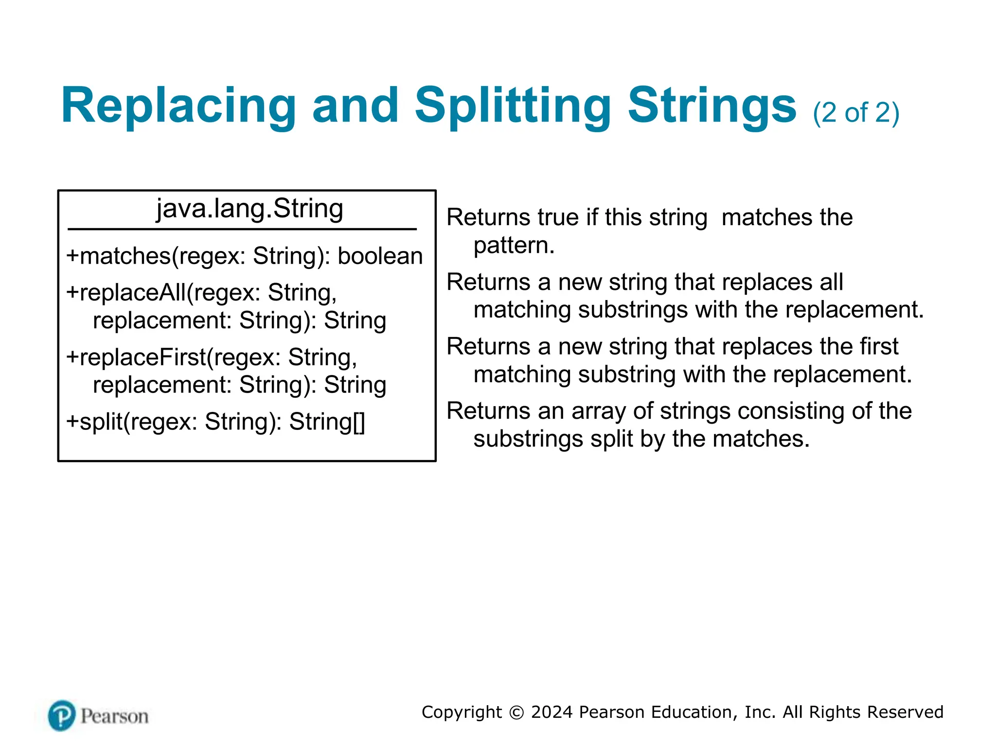 Copyright © 2024 Pearson Education, Inc. All Rights Reserved
Replacing and Splitting Strings (2 of 2)
java.lang.String
+matches(regex: String): boolean
+replaceAll(regex: String,
replacement: String): String
+replaceFirst(regex: String,
replacement: String): String
+split(regex: String): String[]
Returns true if this string matches the
pattern.
Returns a new string that replaces all
matching substrings with the replacement.
Returns a new string that replaces the first
matching substring with the replacement.
Returns an array of strings consisting of the
substrings split by the matches.
 