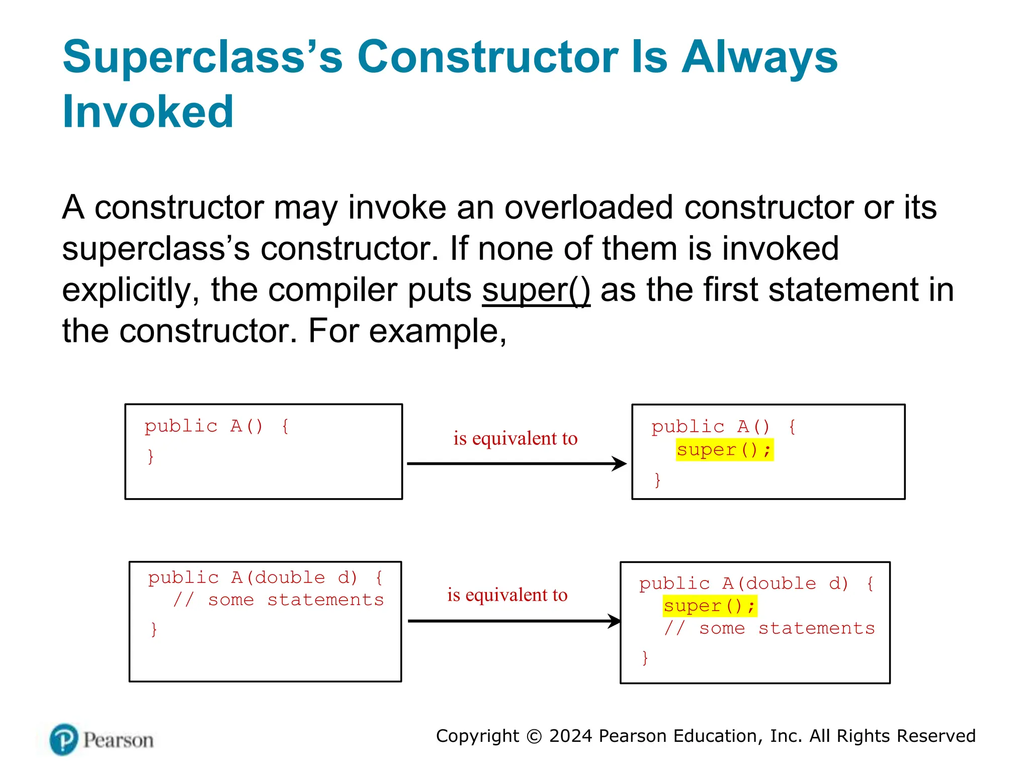 Copyright © 2024 Pearson Education, Inc. All Rights Reserved
Superclass’s Constructor Is Always
Invoked
A constructor may invoke an overloaded constructor or its
superclass’s constructor. If none of them is invoked
explicitly, the compiler puts super() as the first statement in
the constructor. For example,
public A() {
}
is equivalent to
public A() {
super();
}
public A(double d) {
// some statements
}
is equivalent to
public A(double d) {
super();
// some statements
}
 