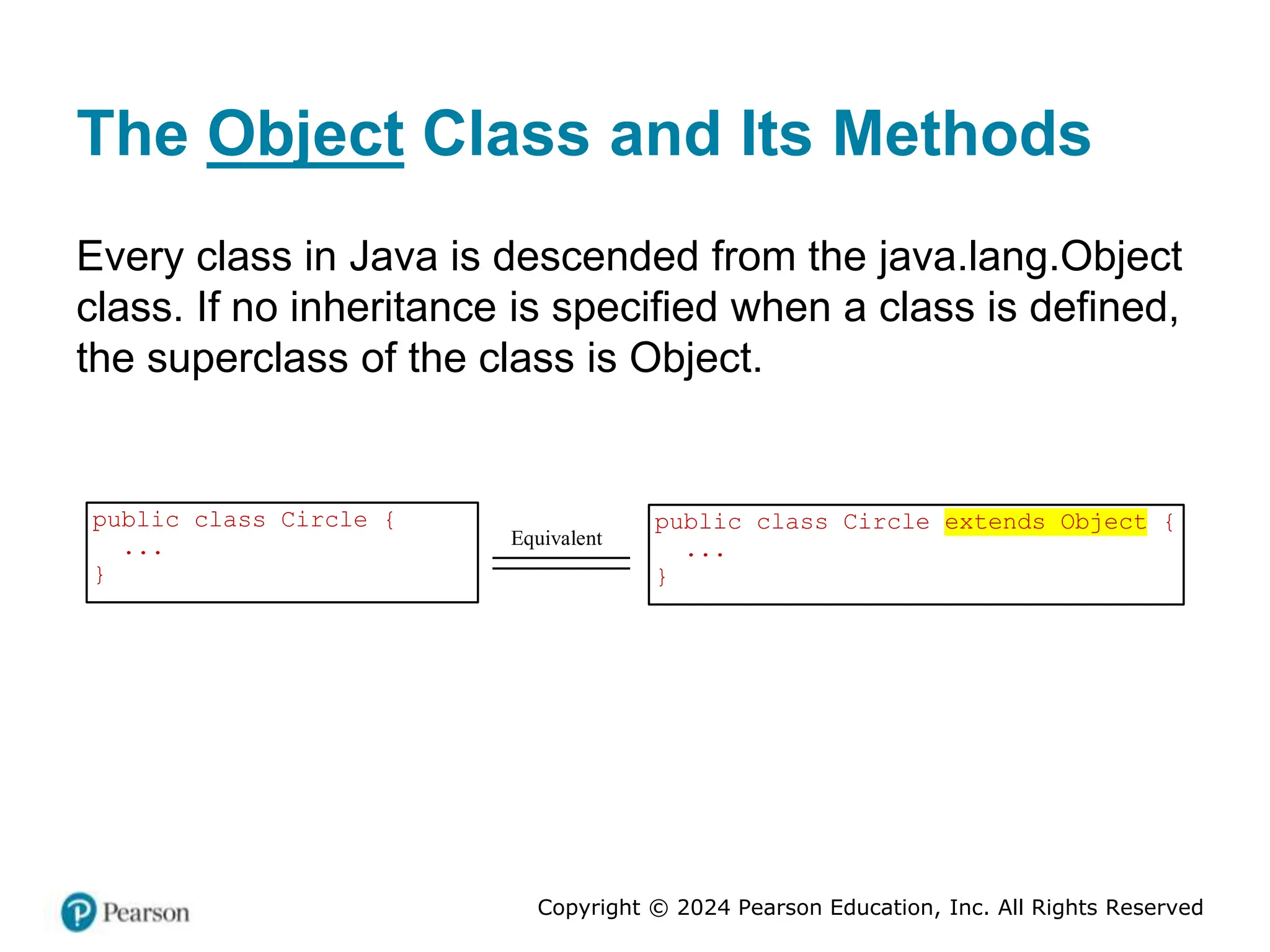 Copyright © 2024 Pearson Education, Inc. All Rights Reserved
The Object Class and Its Methods
Every class in Java is descended from the java.lang.Object
class. If no inheritance is specified when a class is defined,
the superclass of the class is Object.
public class Circle {
...
}
Equivalent
public class Circle extends Object {
...
}
 