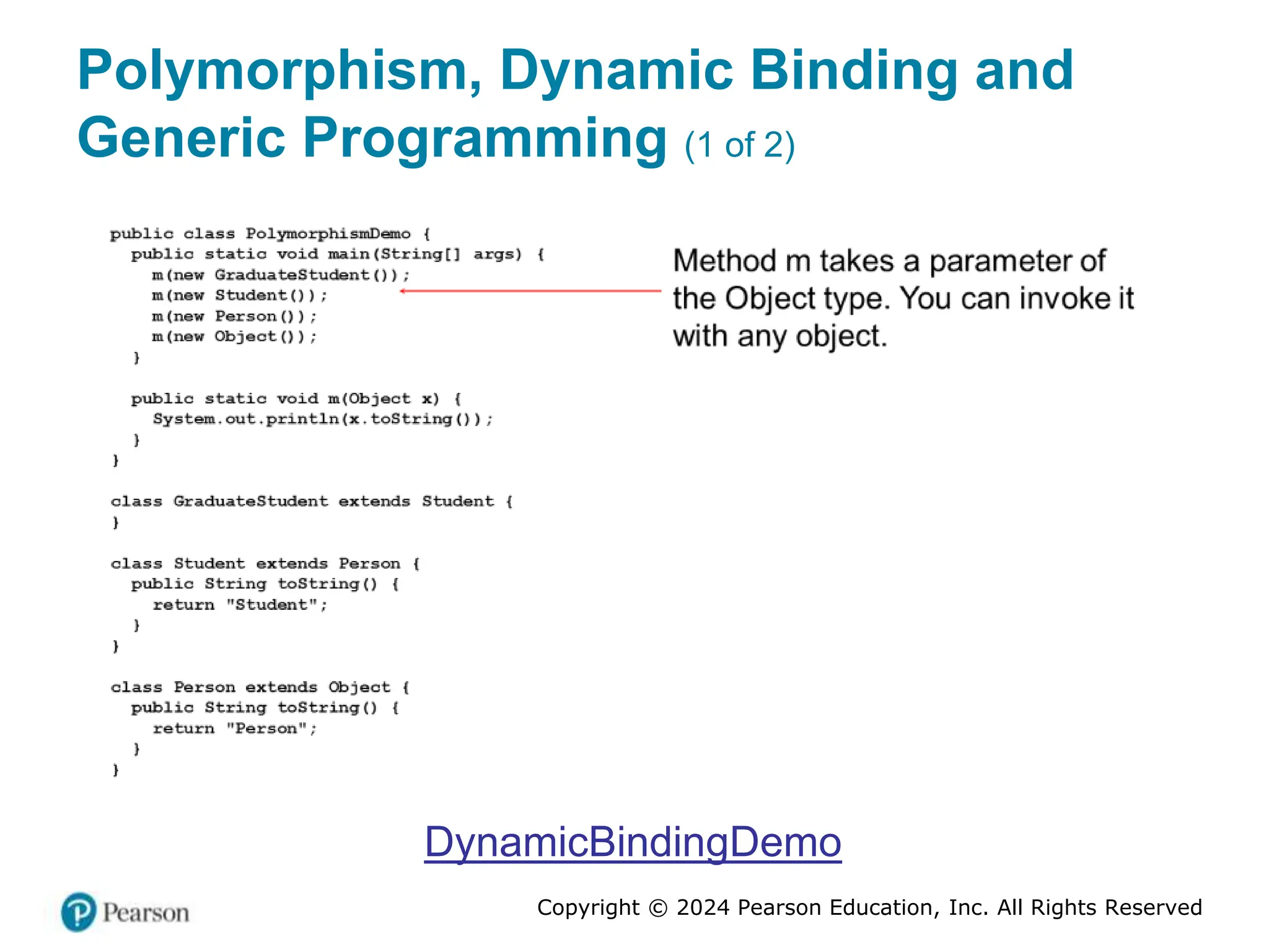 Copyright © 2024 Pearson Education, Inc. All Rights Reserved
Polymorphism, Dynamic Binding and
Generic Programming (1 of 2)
DynamicBindingDemo
 