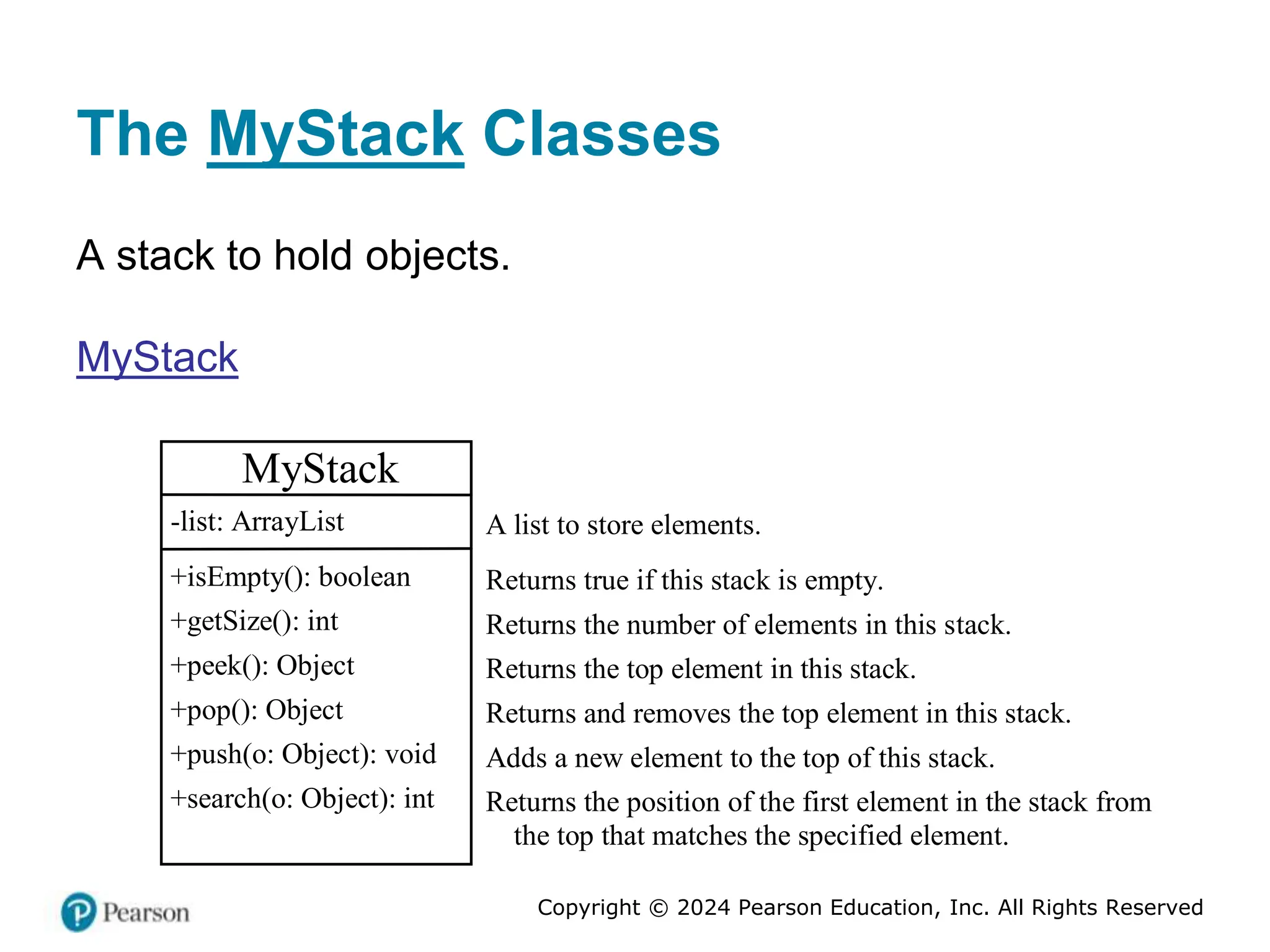 Copyright © 2024 Pearson Education, Inc. All Rights Reserved
The MyStack Classes
A stack to hold objects.
MyStack
MyStack
-list: ArrayList
+isEmpty(): boolean
+getSize(): int
+peek(): Object
+pop(): Object
+push(o: Object): void
+search(o: Object): int
Returns true if this stack is empty.
Returns the number of elements in this stack.
Returns the top element in this stack.
Returns and removes the top element in this stack.
Adds a new element to the top of this stack.
Returns the position of the first element in the stack from
the top that matches the specified element.
A list to store elements.
 