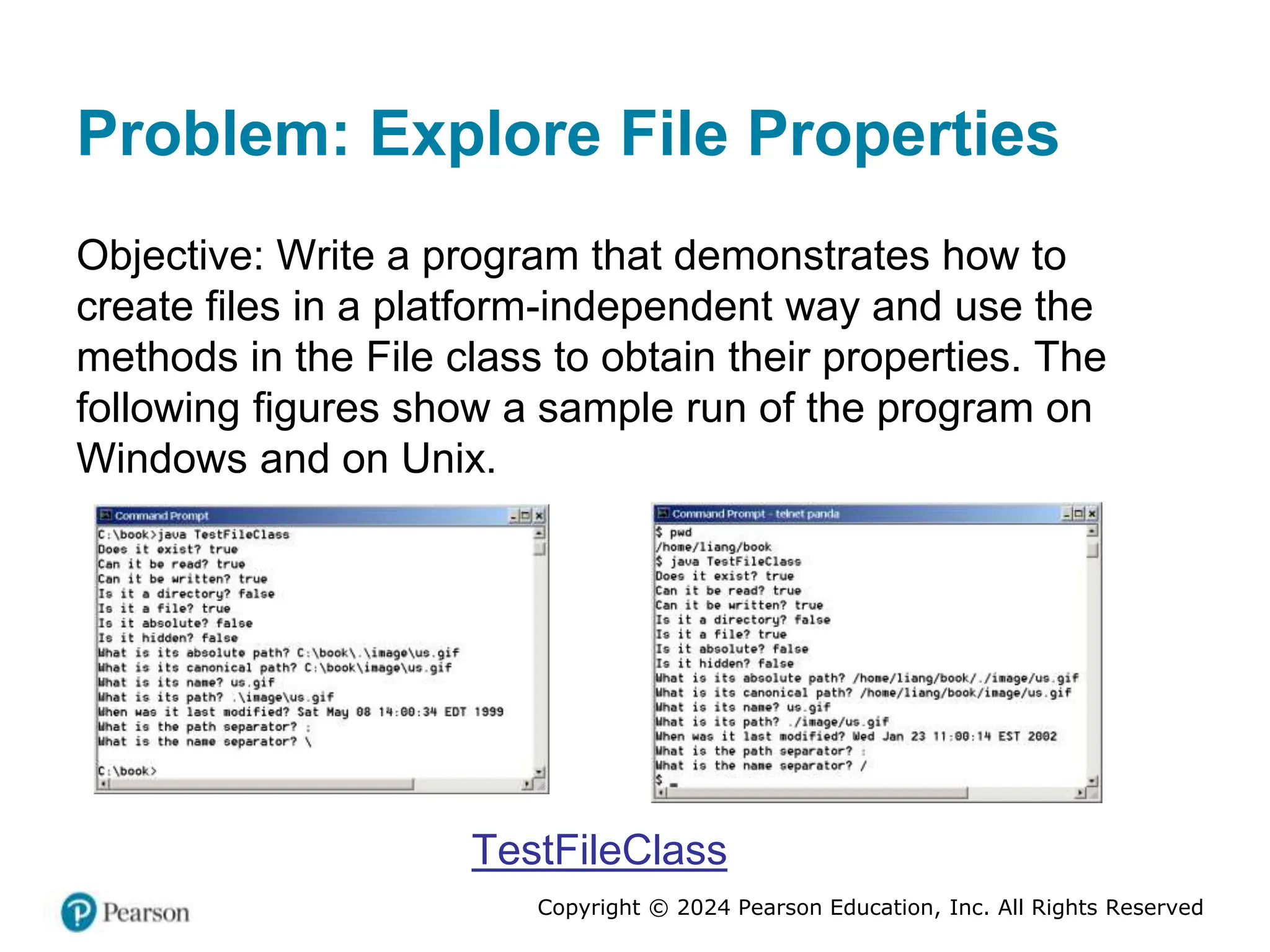 Copyright © 2024 Pearson Education, Inc. All Rights Reserved
Problem: Explore File Properties
Objective: Write a program that demonstrates how to
create files in a platform-independent way and use the
methods in the File class to obtain their properties. The
following figures show a sample run of the program on
Windows and on Unix.
TestFileClass
 