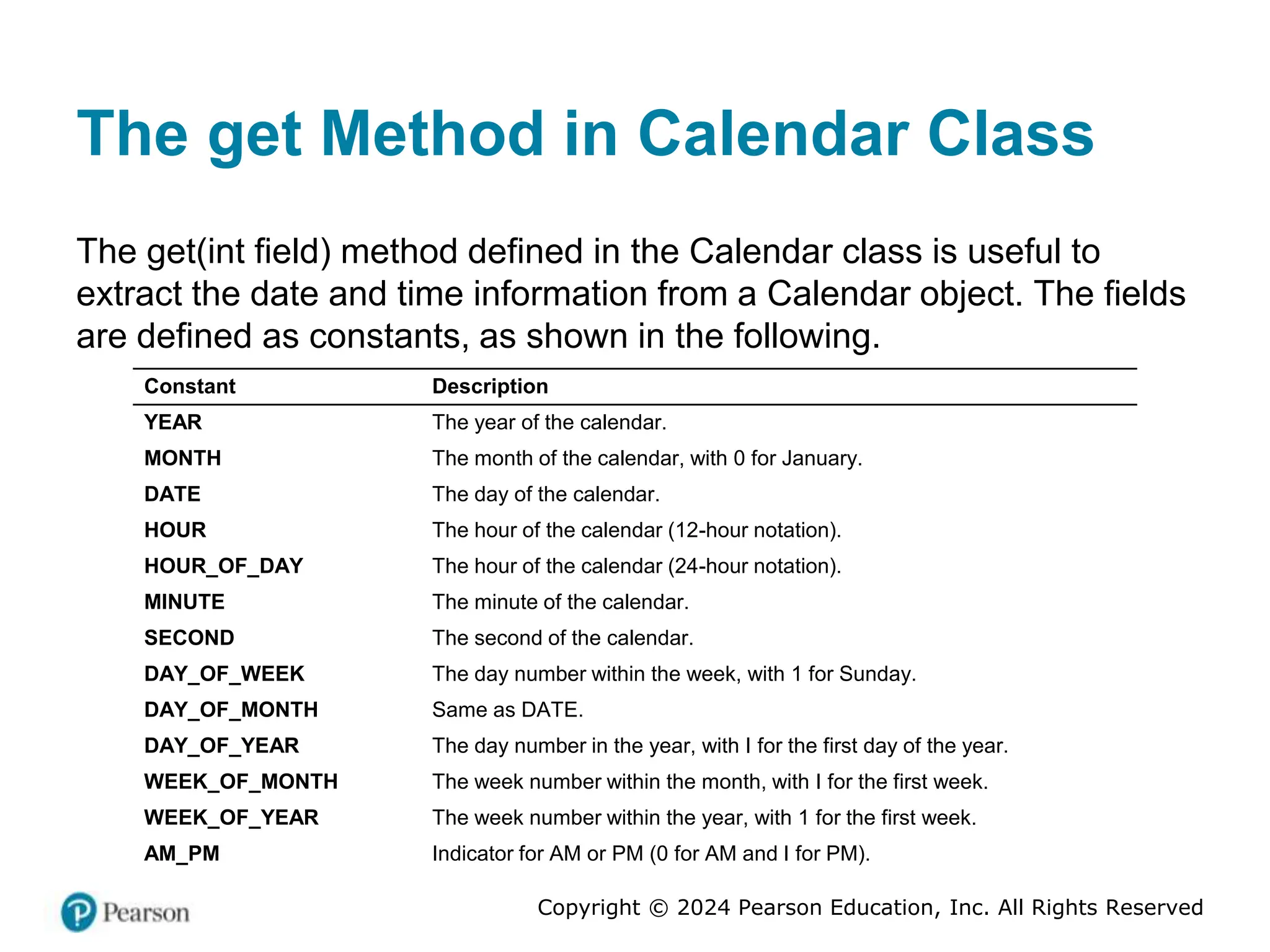 Copyright © 2024 Pearson Education, Inc. All Rights Reserved
The get Method in Calendar Class
The get(int field) method defined in the Calendar class is useful to
extract the date and time information from a Calendar object. The fields
are defined as constants, as shown in the following.
Constant Description
YEAR The year of the calendar.
MONTH The month of the calendar, with 0 for January.
DATE The day of the calendar.
HOUR The hour of the calendar (12-hour notation).
HOUR_OF_DAY The hour of the calendar (24-hour notation).
MINUTE The minute of the calendar.
SECOND The second of the calendar.
DAY_OF_WEEK The day number within the week, with 1 for Sunday.
DAY_OF_MONTH Same as DATE.
DAY_OF_YEAR The day number in the year, with I for the first day of the year.
WEEK_OF_MONTH The week number within the month, with I for the first week.
WEEK_OF_YEAR The week number within the year, with 1 for the first week.
AM_PM Indicator for AM or PM (0 for AM and I for PM).
 