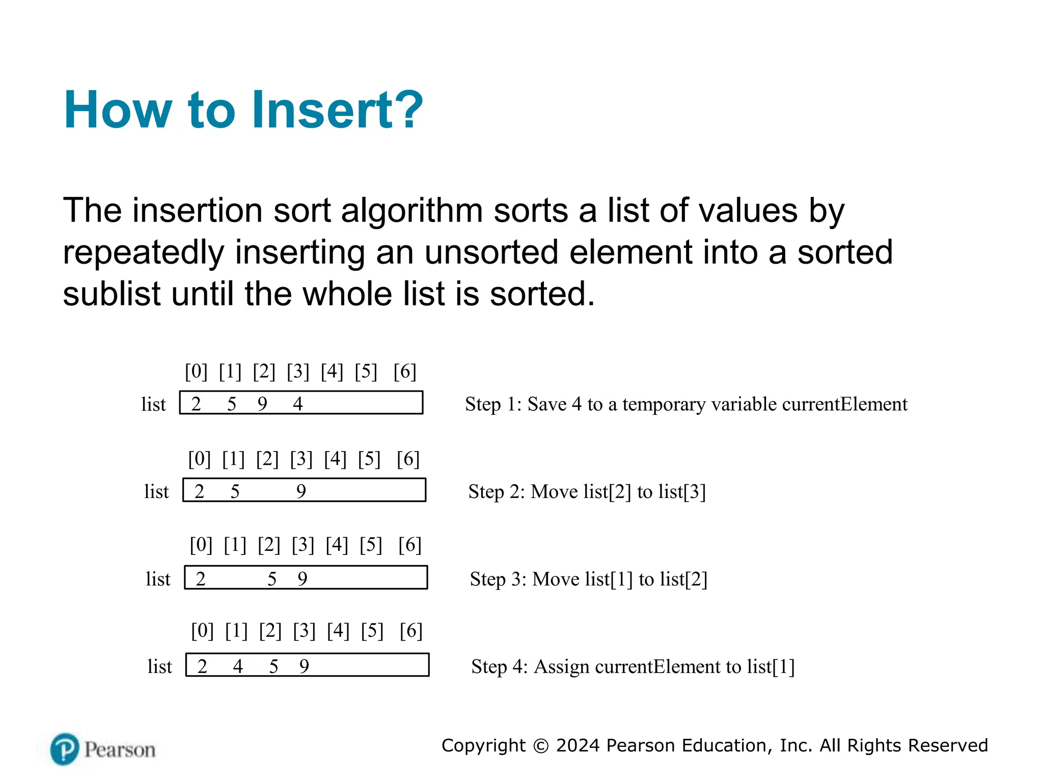 Copyright © 2024 Pearson Education, Inc. All Rights Reserved
How to Insert?
The insertion sort algorithm sorts a list of values by
repeatedly inserting an unsorted element into a sorted
sublist until the whole list is sorted.
[0] [1] [2] [3] [4] [5] [6]
2 5 9 4
list Step 1: Save 4 to a temporary variable currentElement
[0] [1] [2] [3] [4] [5] [6]
2 5 9
list Step 2: Move list[2] to list[3]
[0] [1] [2] [3] [4] [5] [6]
2 5 9
list Step 3: Move list[1] to list[2]
[0] [1] [2] [3] [4] [5] [6]
2 4 5 9
list Step 4: Assign currentElement to list[1]
 