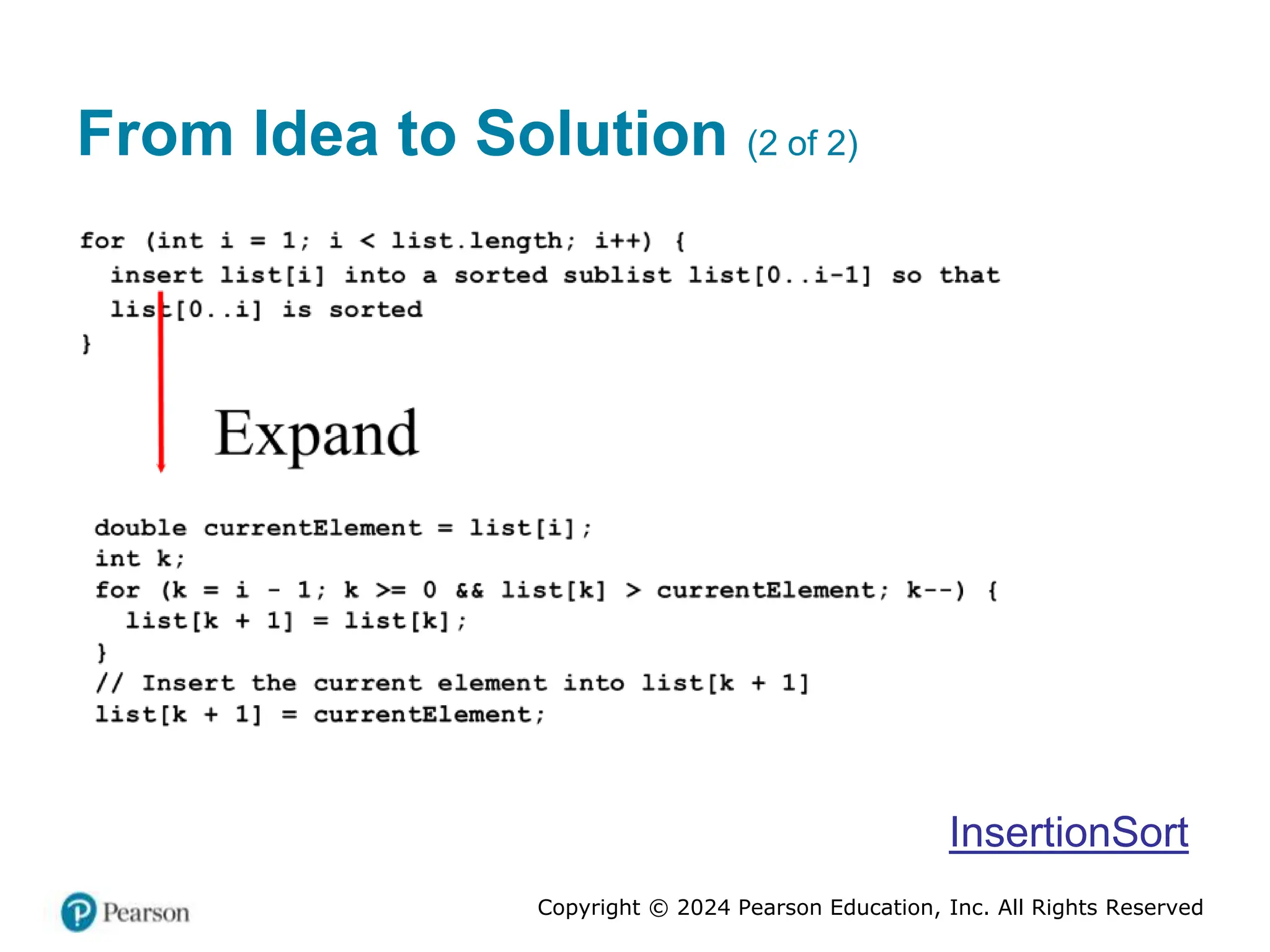 Copyright © 2024 Pearson Education, Inc. All Rights Reserved
From Idea to Solution (2 of 2)
InsertionSort
 