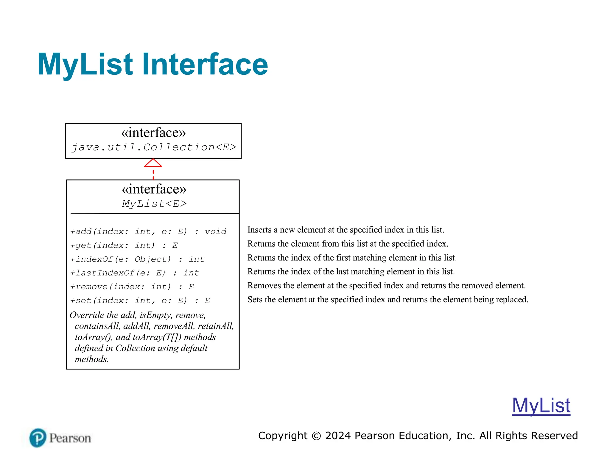 Copyright © 2024 Pearson Education, Inc. All Rights Reserved
MyList Interface
«interface»
MyList<E>
+add(index: int, e: E) : void
+get(index: int) : E
+indexOf(e: Object) : int
+lastIndexOf(e: E) : int
+remove(index: int) : E
+set(index: int, e: E) : E
Override the add, isEmpty, remove,
containsAll, addAll, removeAll, retainAll,
toArray(), and toArray(T[]) methods
defined in Collection using default
methods.
Inserts a new element at the specified index in this list.
Returns the element from this list at the specified index.
Returns the index of the first matching element in this list.
Returns the index of the last matching element in this list.
Removes the element at the specified index and returns the removed element.
Sets the element at the specified index and returns the element being replaced.
«interface»
java.util.Collection<E>
MyList
 