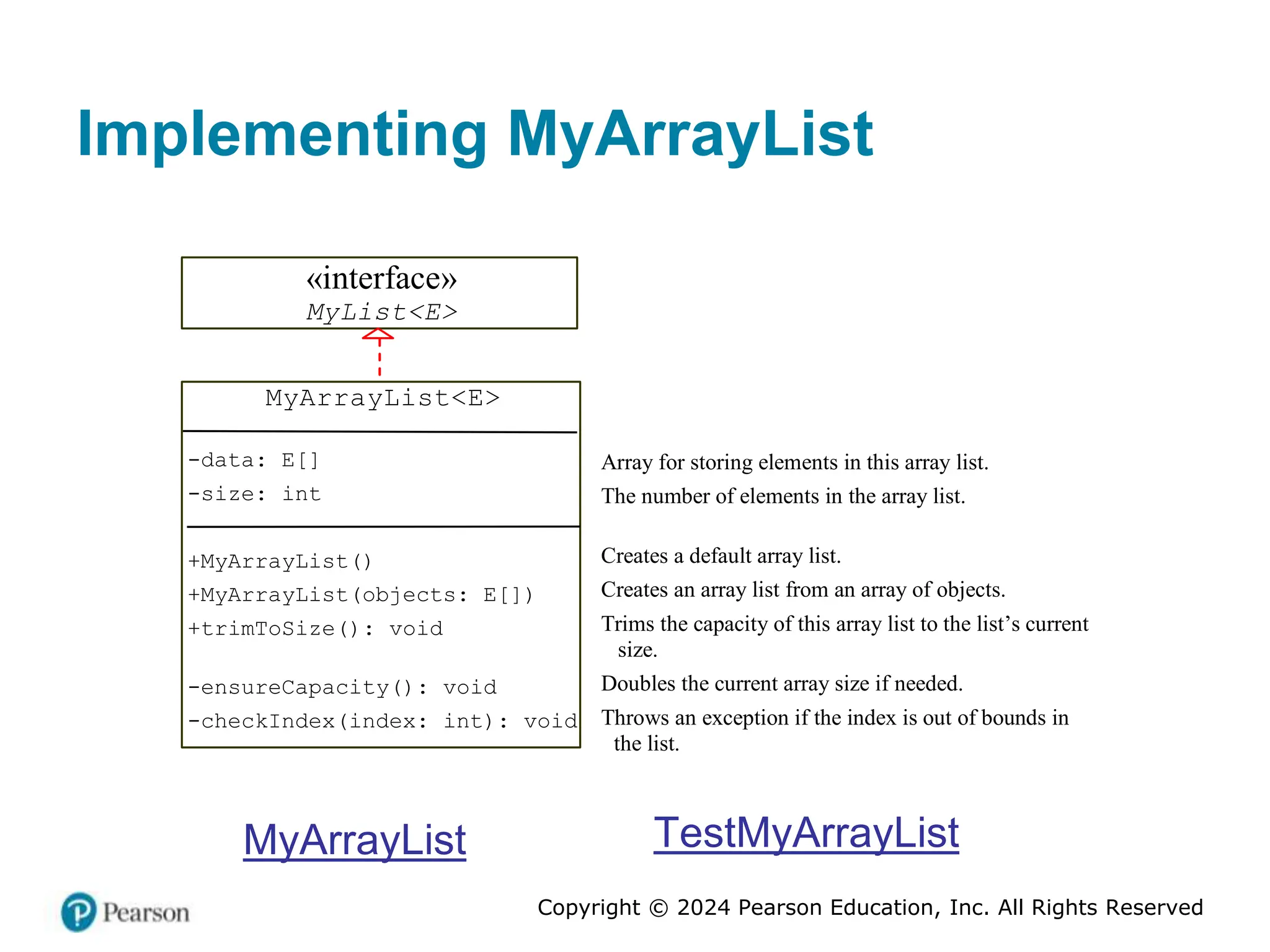 Copyright © 2024 Pearson Education, Inc. All Rights Reserved
Implementing MyArrayList
MyArrayList<E>
-data: E[]
-size: int
+MyArrayList()
+MyArrayList(objects: E[])
+trimToSize(): void
-ensureCapacity(): void
-checkIndex(index: int): void
«interface»
MyList<E>
Creates a default array list.
Creates an array list from an array of objects.
Trims the capacity of this array list to the list’s current
size.
Doubles the current array size if needed.
Throws an exception if the index is out of bounds in
the list.
Array for storing elements in this array list.
The number of elements in the array list.
MyArrayList TestMyArrayList
 