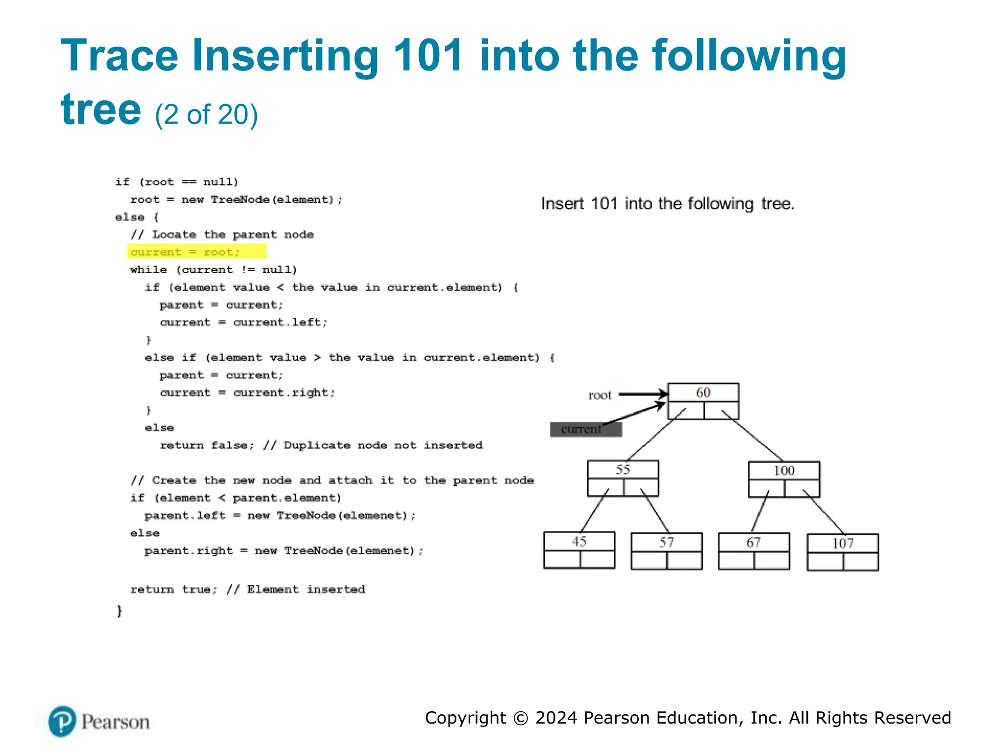Copyright © 2024 Pearson Education, Inc. All Rights Reserved
Trace Inserting 101 into the following
tree (2 of 20)
 