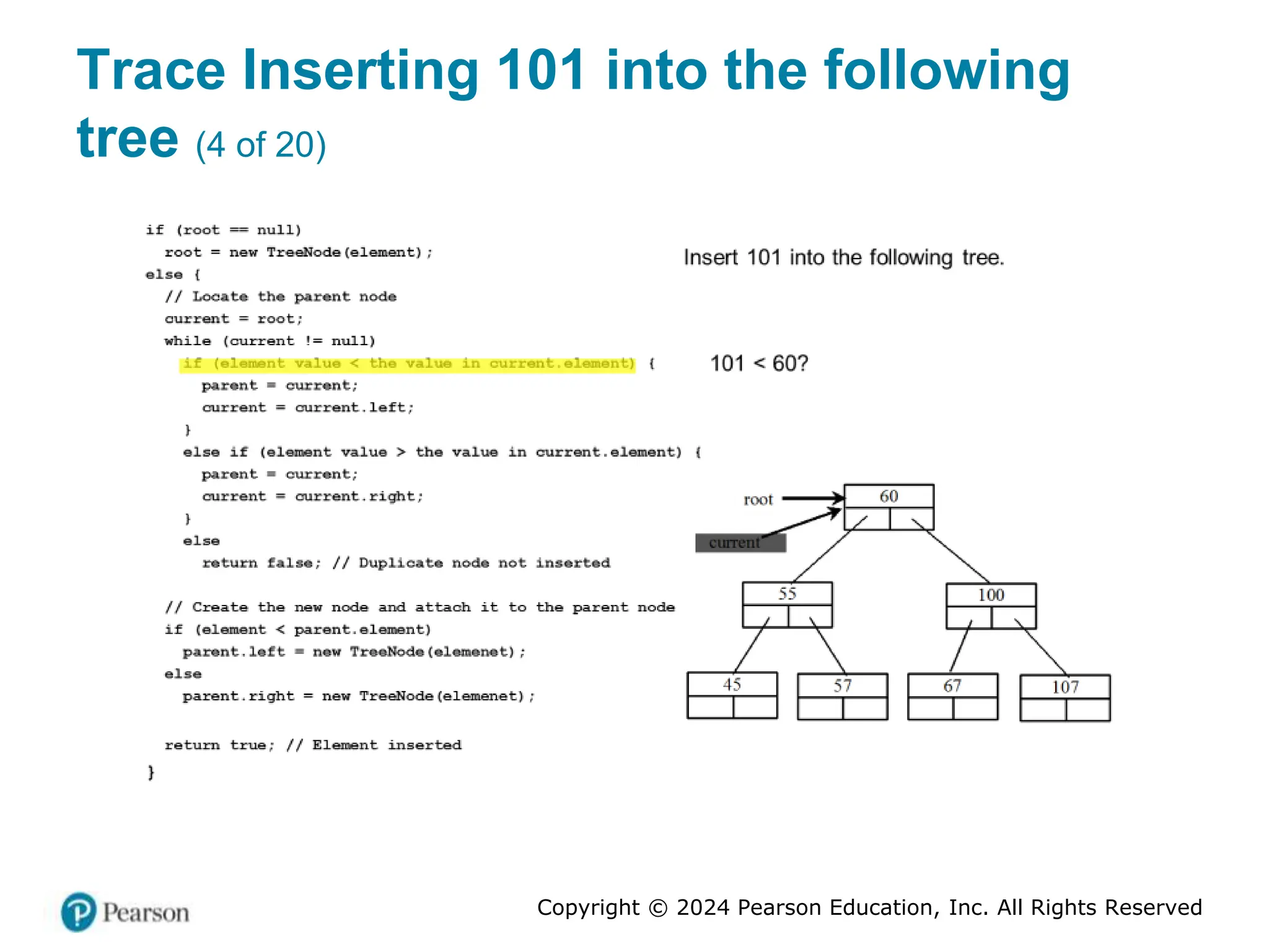 Copyright © 2024 Pearson Education, Inc. All Rights Reserved
Trace Inserting 101 into the following
tree (4 of 20)
 