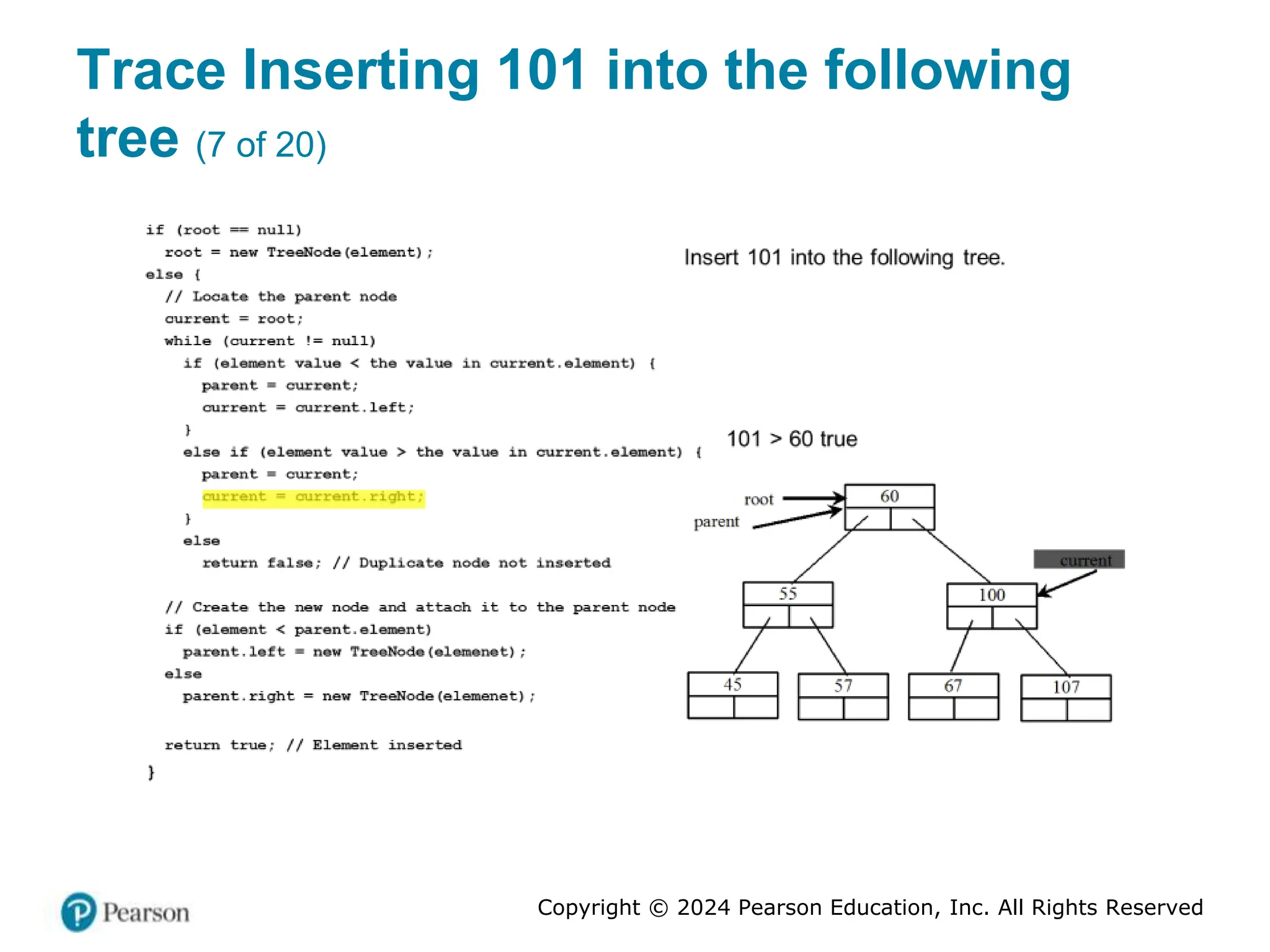 Copyright © 2024 Pearson Education, Inc. All Rights Reserved
Trace Inserting 101 into the following
tree (7 of 20)
 