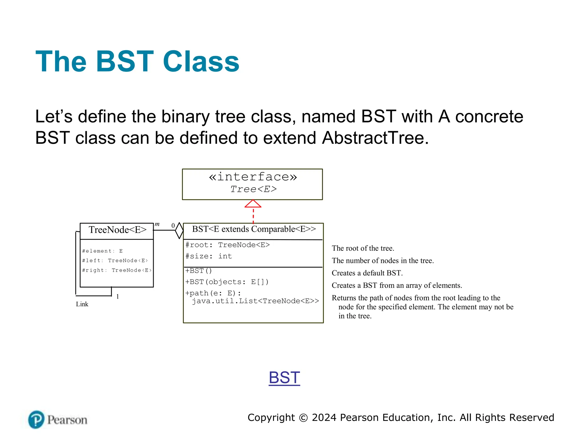 Copyright © 2024 Pearson Education, Inc. All Rights Reserved
The BST Class
Let’s define the binary tree class, named BST with A concrete
BST class can be defined to extend AbstractTree.
BST<E extends Comparable<E>>
#root: TreeNode<E>
#size: int
+BST()
+BST(objects: E[])
+path(e: E):
java.util.List<TreeNode<E>>
1
m
TreeNode<E>
Link
0
The root of the tree.
The number of nodes in the tree.
Creates a default BST.
Creates a BST from an array of elements.
Returns the path of nodes from the root leading to the
node for the specified element. The element may not be
in the tree.
«interface»
Tree<E>
BST
 