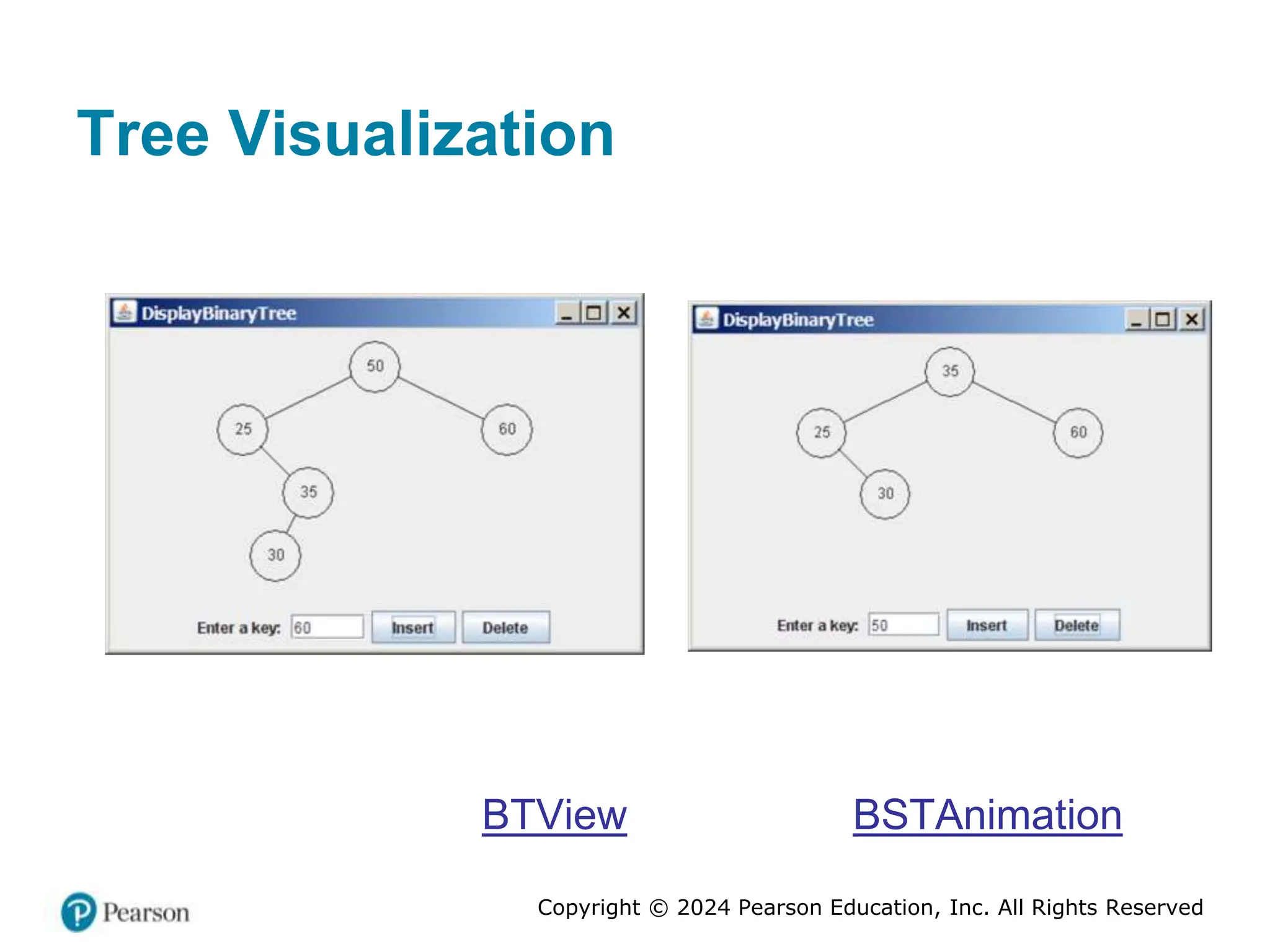 Copyright © 2024 Pearson Education, Inc. All Rights Reserved
Tree Visualization
BTView BSTAnimation
 