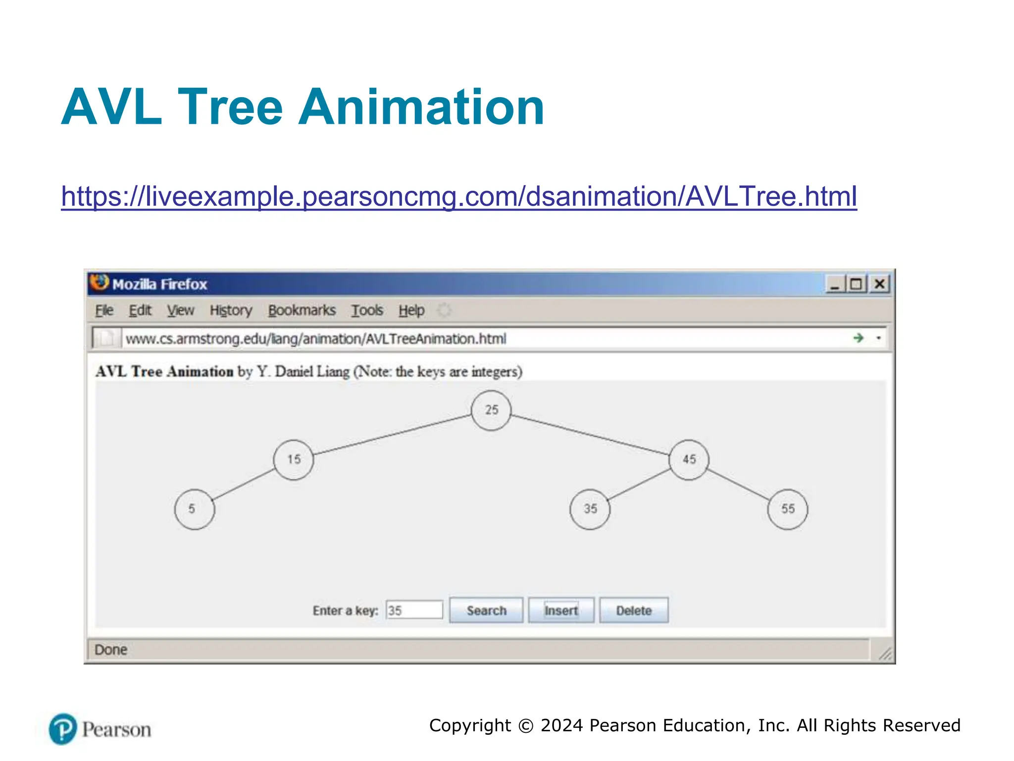 Copyright © 2024 Pearson Education, Inc. All Rights Reserved
AVL Tree Animation
https://liveexample.pearsoncmg.com/dsanimation/AVLTree.html
 