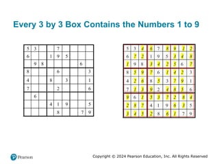 Copyright © 2024 Pearson Education, Inc. All Rights Reserved
Every 3 by 3 Box Contains the Numbers 1 to 9
5 3 7
6 1 9 5
9 8 6
8 6 3
4 8 3 1
7 2 6
6
4 1 9 5
8 7 9
 