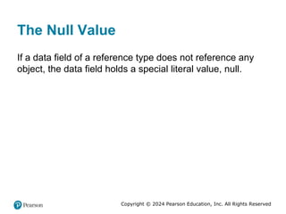 Copyright © 2024 Pearson Education, Inc. All Rights Reserved
The Null Value
If a data field of a reference type does not reference any
object, the data field holds a special literal value, null.
 