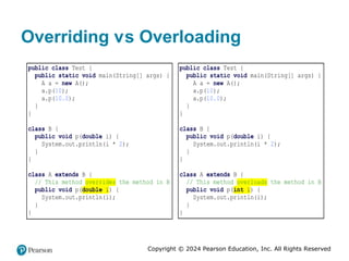Copyright © 2024 Pearson Education, Inc. All Rights Reserved
Overriding versus Overloading
public class Test {
public static void main(String[] args) {
A a = new A();
a.p(10);
a.p(10.0);
}
}
class B {
public void p(double i) {
System.out.println(i * 2);
}
}
class A extends B {
// This method overrides the method in B
public void p(double i) {
System.out.println(i);
}
}
public class Test {
public static void main(String[] args) {
A a = new A();
a.p(10);
a.p(10.0);
}
}
class B {
public void p(double i) {
System.out.println(i * 2);
}
}
class A extends B {
// This method overloads the method in B
public void p(int i) {
System.out.println(i);
}
}
 
