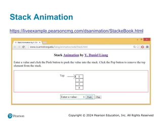 Copyright © 2024 Pearson Education, Inc. All Rights Reserved
Stack Animation
https://liveexample.pearsoncmg.com/dsanimation/StackeBook.html
 
