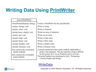Copyright © 2024 Pearson Education, Inc. All Rights Reserved
Writing Data Using PrintWriter
java.io.PrintWriter
+PrintWriter(filename: String)
+print(s: String): void
+print(c: char): void
+print(cArray: char[]): void
+print(i: int): void
+print(l: long): void
+print(f: float): void
+print(d: double): void
+print(b: boolean): void
Also contains the overloaded
println methods.
Also contains the overloaded
printf methods.
.
Creates a PrintWriter for the specified file.
Writes a string.
Writes a character.
Writes an array of character.
Writes an int value.
Writes a long value.
Writes a float value.
Writes a double value.
Writes a boolean value.
A println method acts like a print method; additionally it
prints a line separator. The line separator string is defined
by the system. It is rn on Windows and n on Unix.
The printf method was introduced in §4.6, “Formatting
Console Output and Strings.”
WriteData
 